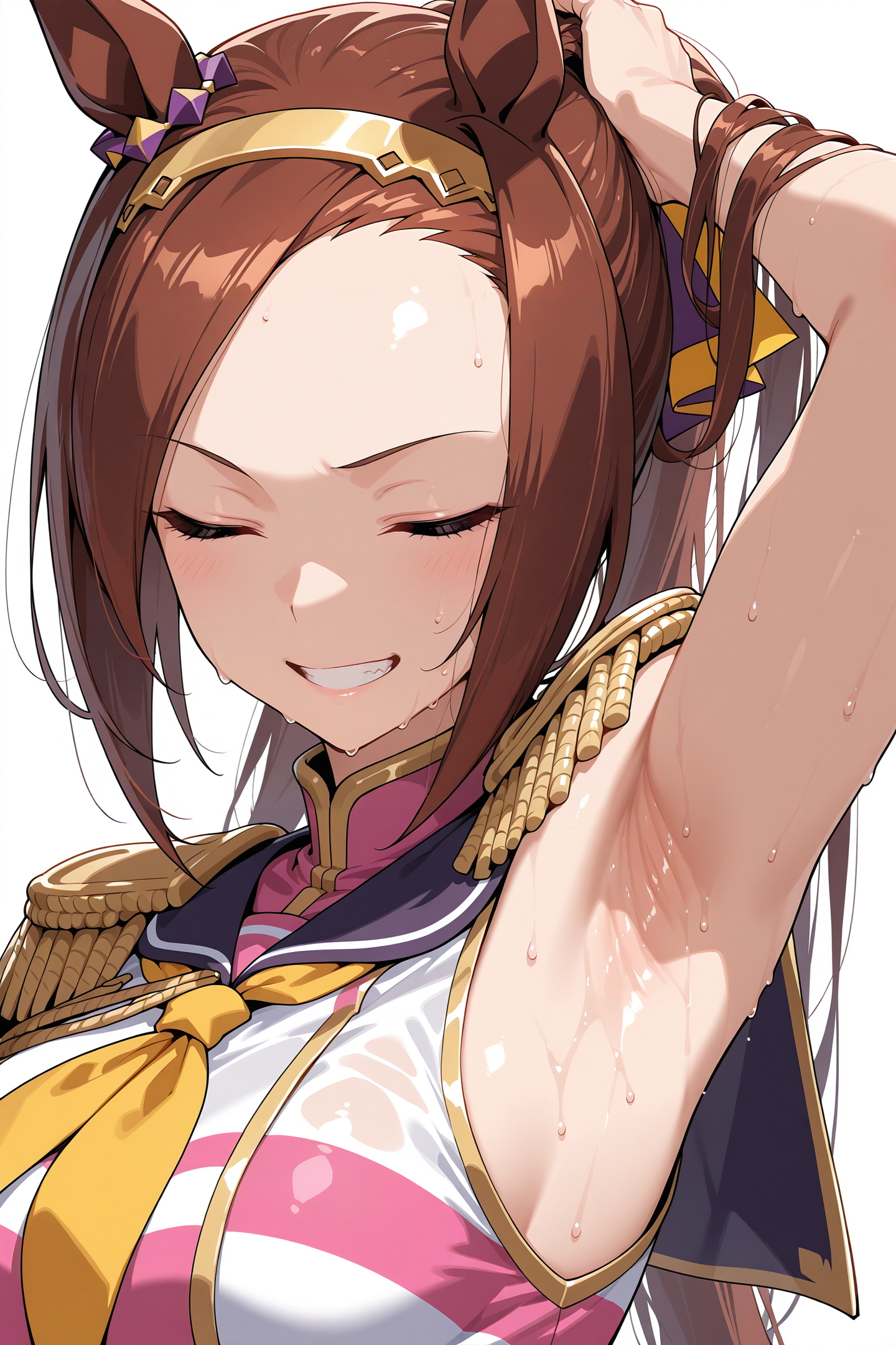 1girl, ai generated, animal ears, armpit fetish, armpit focus, brown hair, grin, grinning, horse ears, horse girl, sakura bakushin o (umamusume), solo, sukapon ai, sweat, sweating, umamusume, umamusume pretty derby