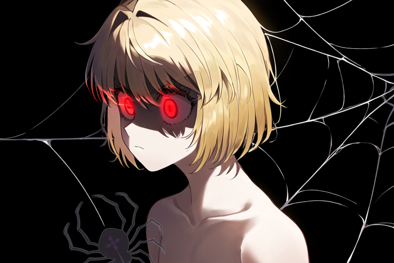 1boy ai_generated black_background blonde_hair collarbone eyelashes eyes_in_shadow glowing_eyes hunter_x_hunter kurapika male_only nude red_eyes serious shaded shaded_face short_hair solo spider spider_web trap wide_eyed