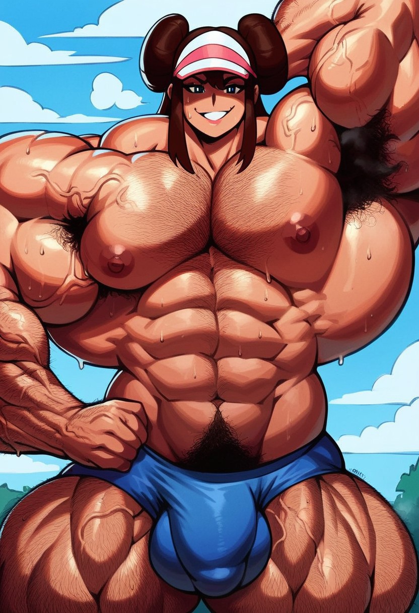 abs ai_generated ambush_(trap) armpit_hair bulge chest_hair extreme_muscles genderswap_(ftm) hairy_armpits hairy_arms hairy_chest male male_only muscular muscular_male pokemon rosa_(pokemon) rule_63 sewoh solo