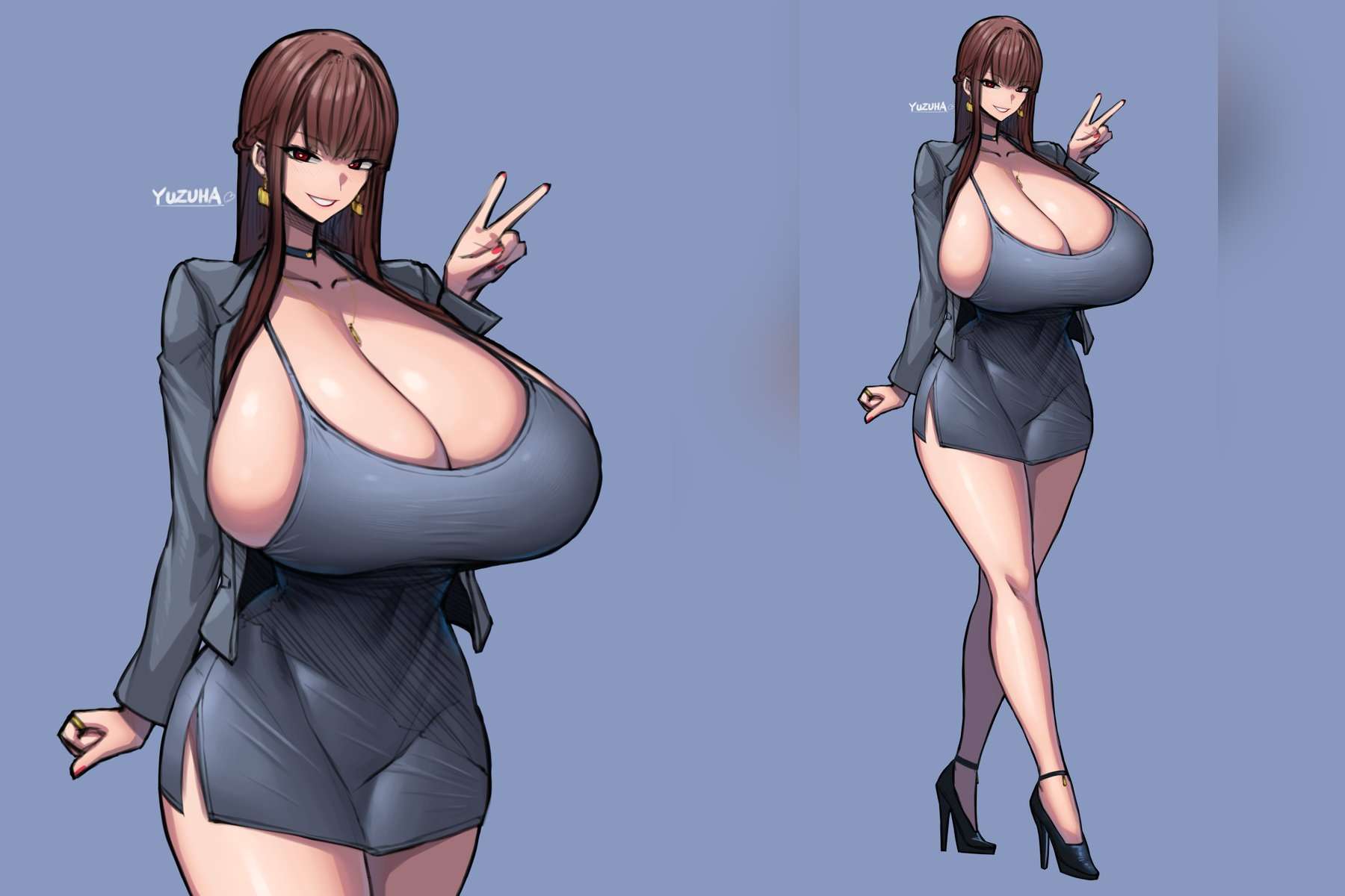1girls, breasts, brown hair, earrings, female, high heels, huge breasts, large breasts, looking at viewer, original, peace sign, wolffeld price, yuzuha (wolffeld price)