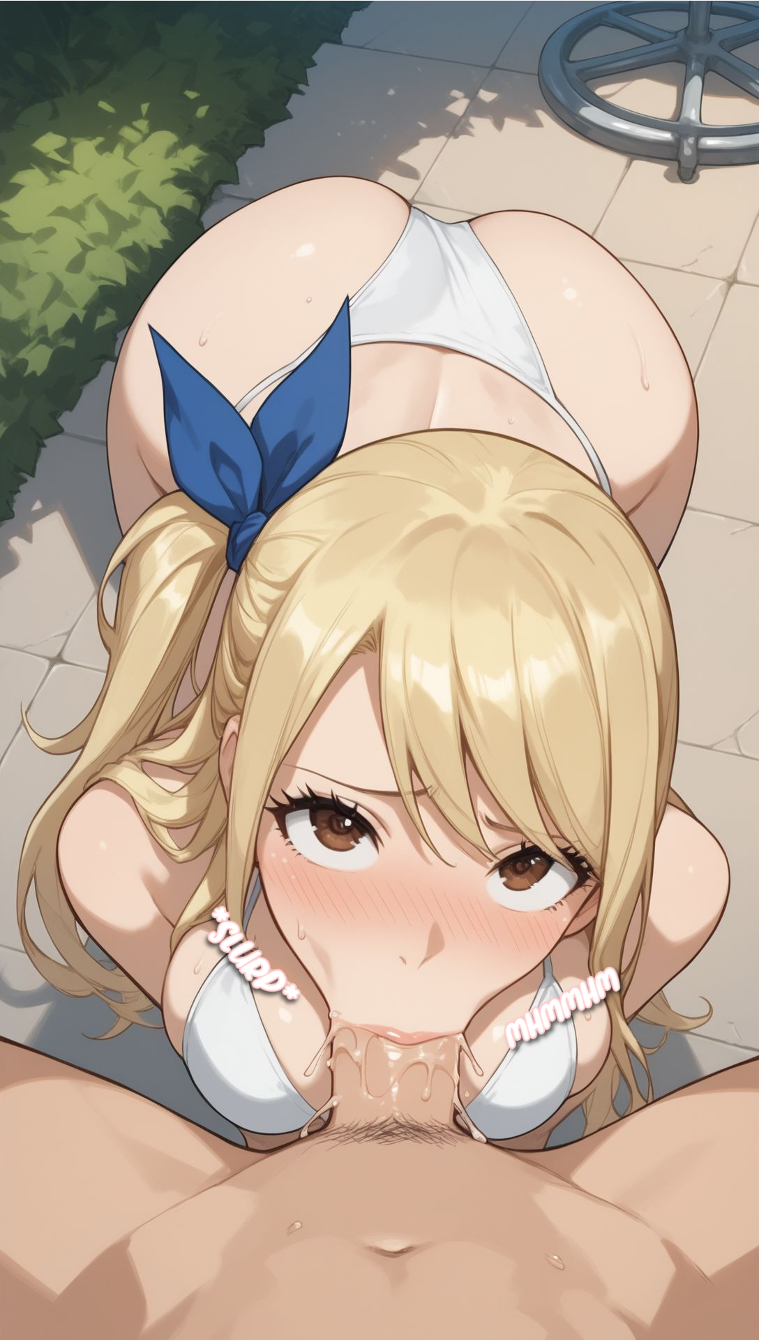 1girls, ai generated, ass, big ass, blonde hair, blowjob, fairy tail, female, female focus, huge ass, long hair, looking at viewer, lucy heartfilia, oral, pov, sucking, tagme
