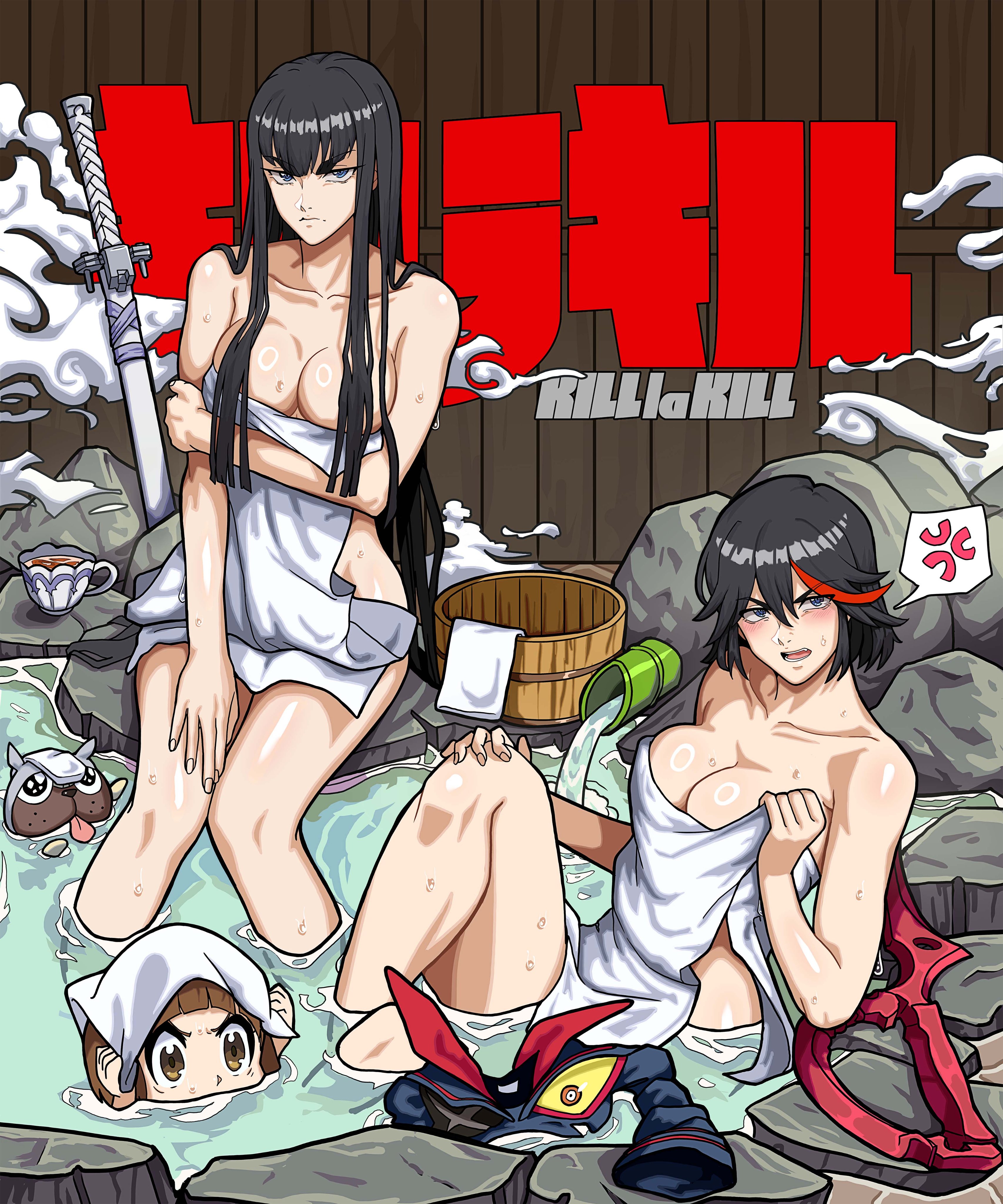 3girls, bathing together, black hair, black-haired female, brown hair, brown-haired female, female, female only, human, kill la kill, kiryuuin satsuki, mankanshoku mako, matoi ryuuko, mikeypieart, multiple females, multiple girls, onsen, towel, towel only, water
