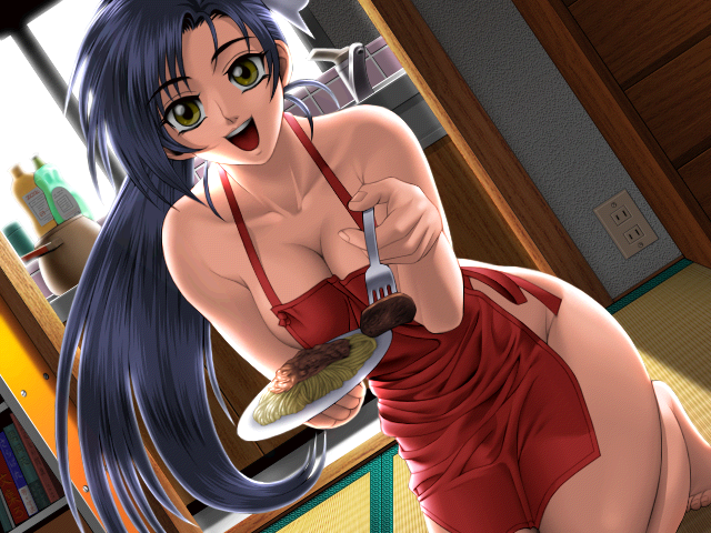 1girls :d apron blue_hair breasts cleavage dutch_angle food fork game_cg green_eyes holding holding_fork isaku large_breasts long_hair looking_at_viewer naked_apron pasta ponytail seiza serizawa_mio sitting smile solo spaghetti yokota_mamoru