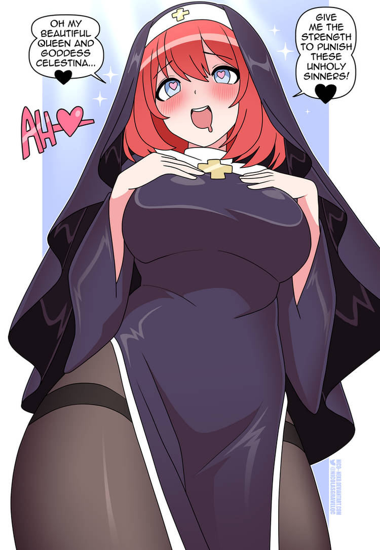 blue eyes, breasts, dialogue, female, heart-shaped pupils, horny, large breasts, nico-neko, nicolasgravelqc, nun, nun outfit, original, original character, red hair, sister alice (nicolasgravelqc), text, wide hips