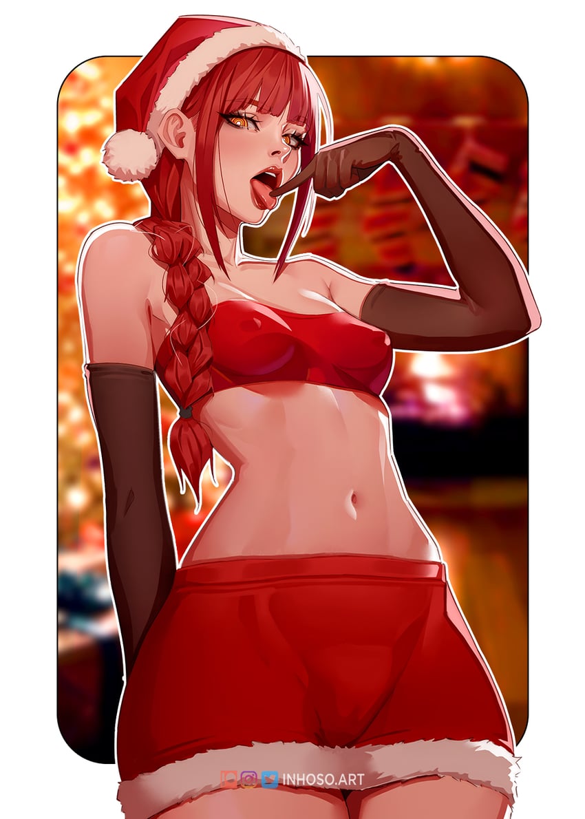 1girls chainsaw_man christmas female inhoso makima_(chainsaw_man) midriff miniskirt solo tongue