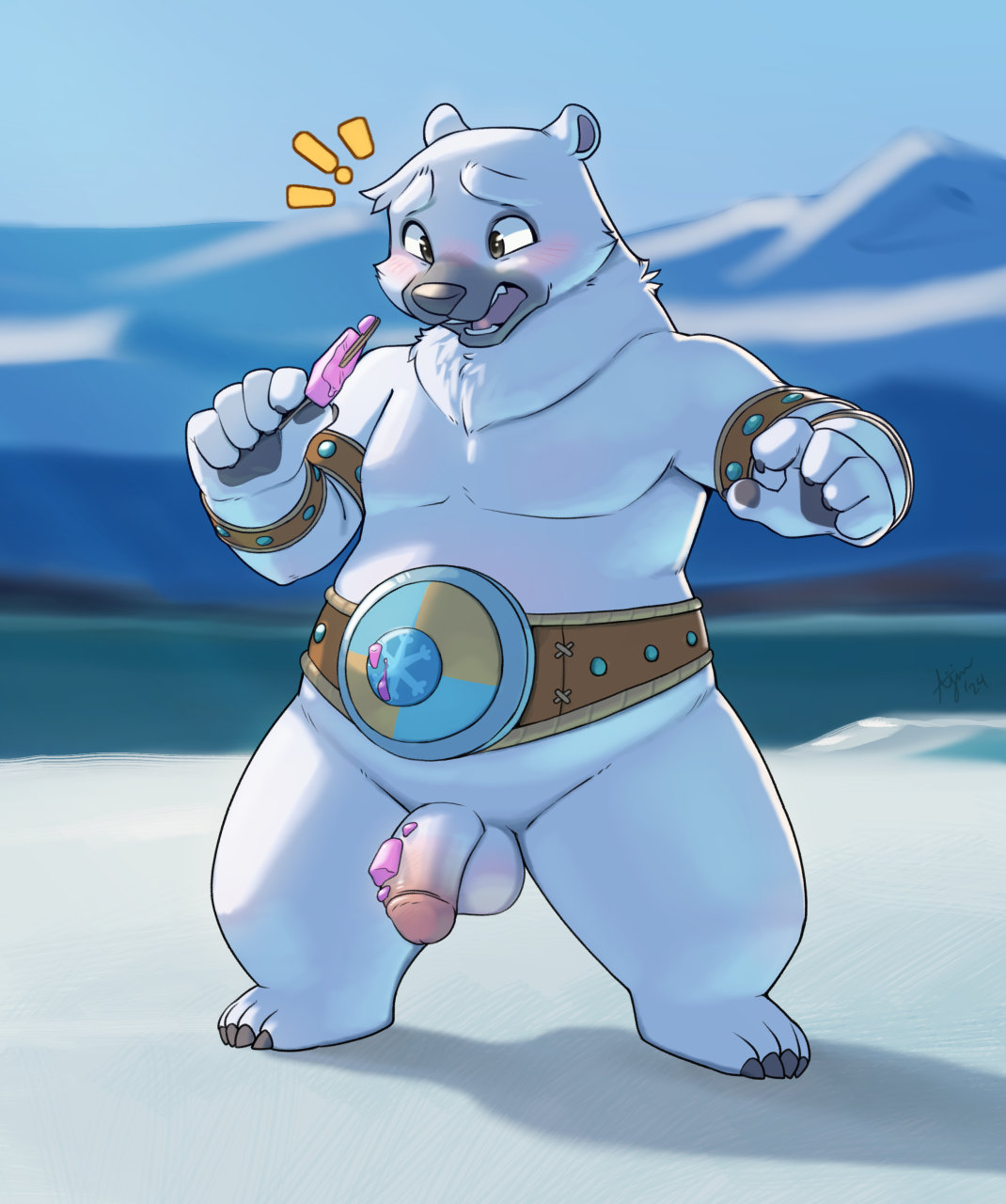 ajin anthro balls bashmaster_the_unbreakable bear belt_only blush claws donkey_kong_country_tropical_freeze flaccid fur genitals hi_res humanoid_genitalia humanoid_penis iceberg male male_only mammal neck_tuft outside penis polar_bear popsicle_melting popsicle_stick snow solo standing tuft ursine white_body white_fur