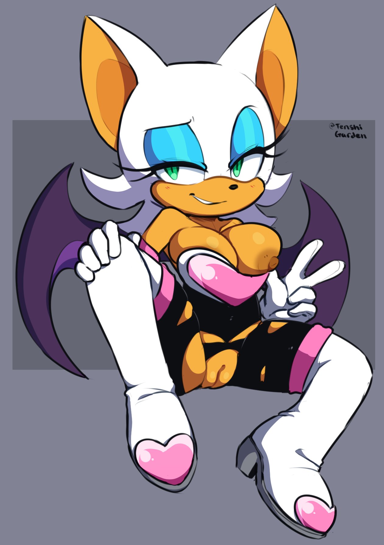 1girls anthro bat big_breasts bottomless breast_slip breasts breasts dialogue edit female female_only goldsden hearlesssoul nipples presenting pussy ripped_clothing ripped_clothing ripped_pants rouge_the_bat solo sonic_(series) spreading sweat tenshigarden text