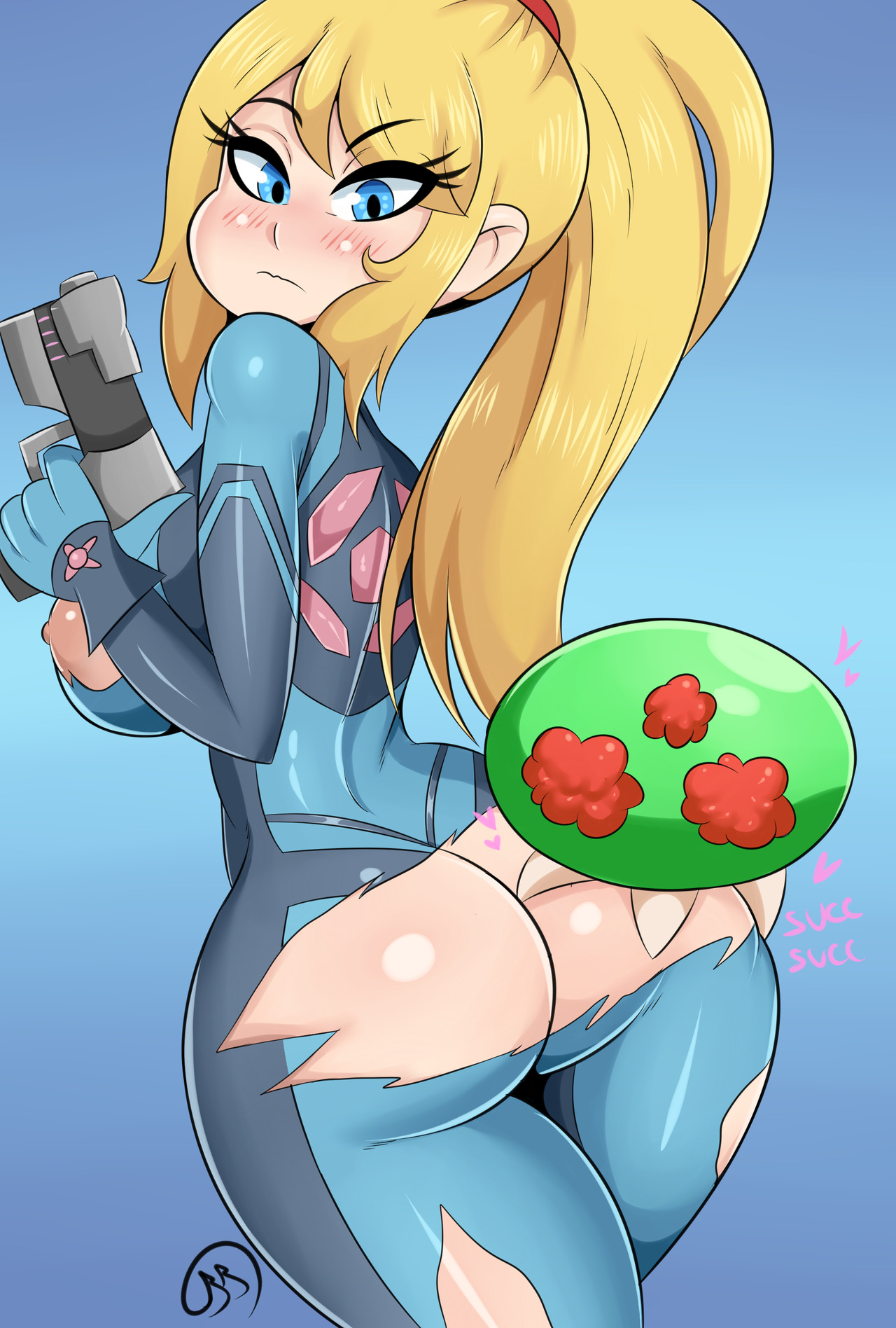 1girls, ass, ass cleavage, ass crack, ass focus, baby (metroid), big ass, big breasts, big butt, blonde hair, blue bodysuit, blue eyes, blush, bmayneart, bodysuit, breasts, bubble ass, bubble butt, busty, butt crack, butt focus, eyelashes, female, female protagonist, firearm, gun, handgun, heart, huge breasts, human, metroid, metroid (creature), nintendo, pale skin, ponytail, ripped clothing, samus aran, sidelocks, suit, thick ass, torn bodysuit, wardrobe malfunction, weapon, zero suit, zero suit samus