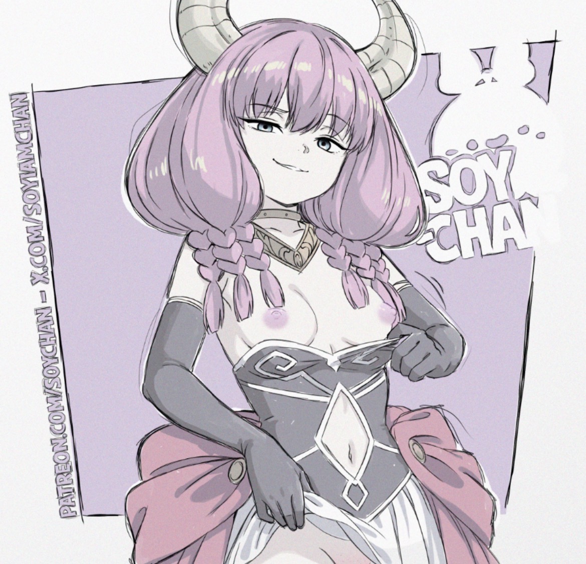 aura (sousou no frieren), braided hair, flat chest, horns, petite, petite female, pink hair, pink nipples, pussy peek, shirt down, skirt lift, skirt up, slender body, small breasts, sousou no frieren, soyiamchan