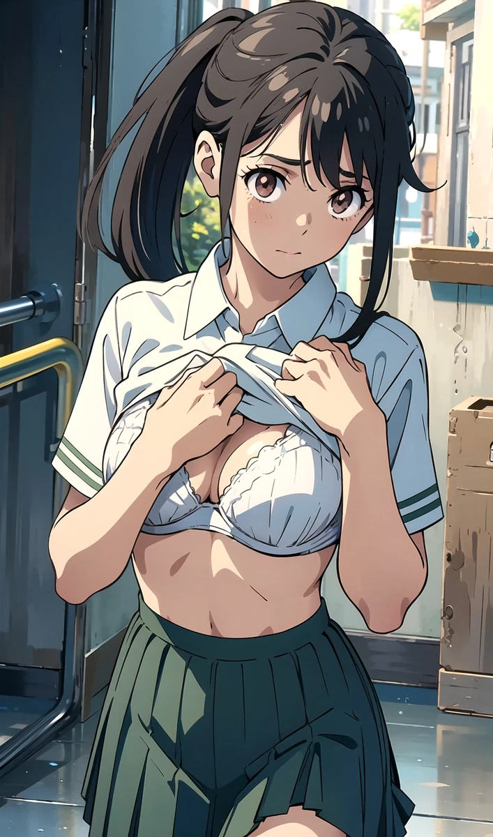 ai_generated bare_legs black_hair blush bra brown_eyes curvaceous curvy_female embarrassed light-skinned_female light_skin looking_at_viewer ponytail school_uniform schoolgirl small_breasts solo_female suzume_(suzume_no_tojimari) suzume_no_tojimari