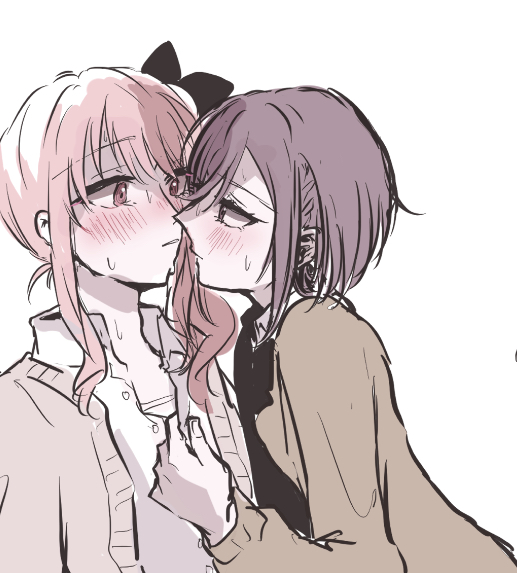 1other 2girls akiyama_mizuki blush blush breasts breasts breasts brown_eyes brown_hair clothed clothing female_focus female_only flat_chest flat_chested high_resolution highres medium_breasts pink_eyes pink_hair project_sekai shinonome_ena yuri