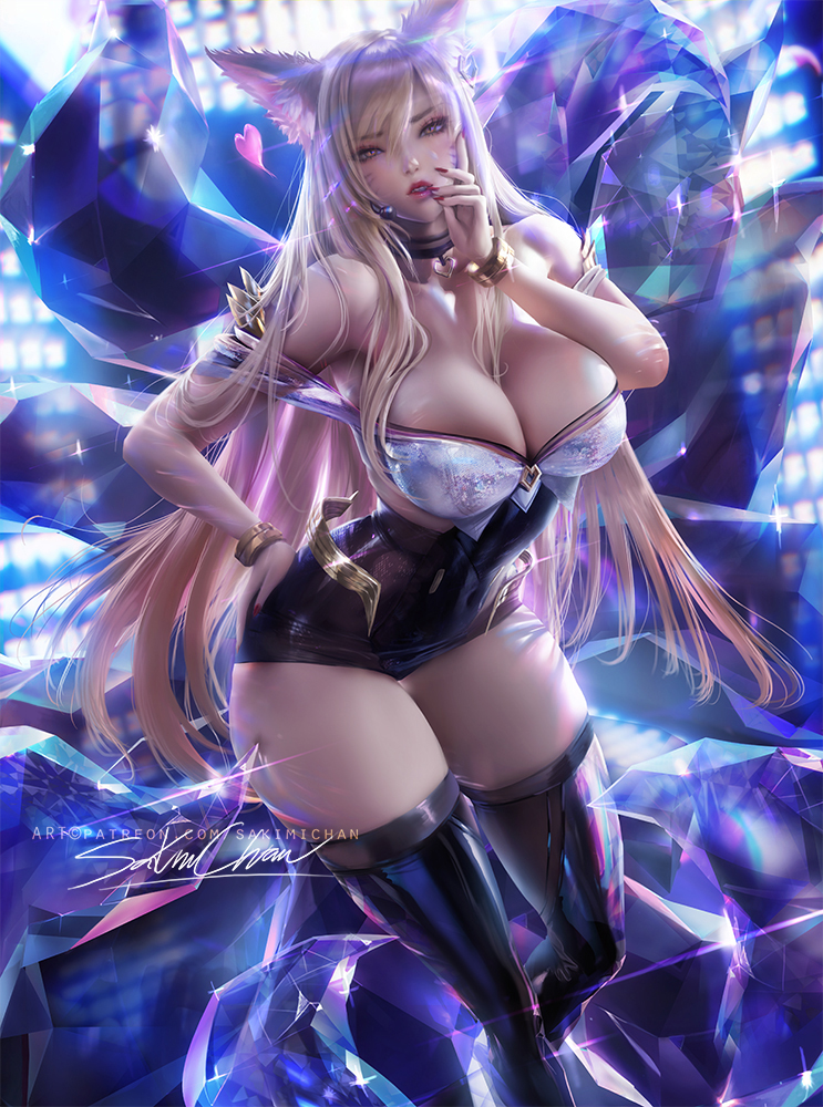 1girls, ahri, alternate costume, big breasts, breasts, cleavage, female, female only, k/da ahri, k/da series, large breasts, league of legends, lipstick, looking at viewer, sakimichan, solo, thighhighs