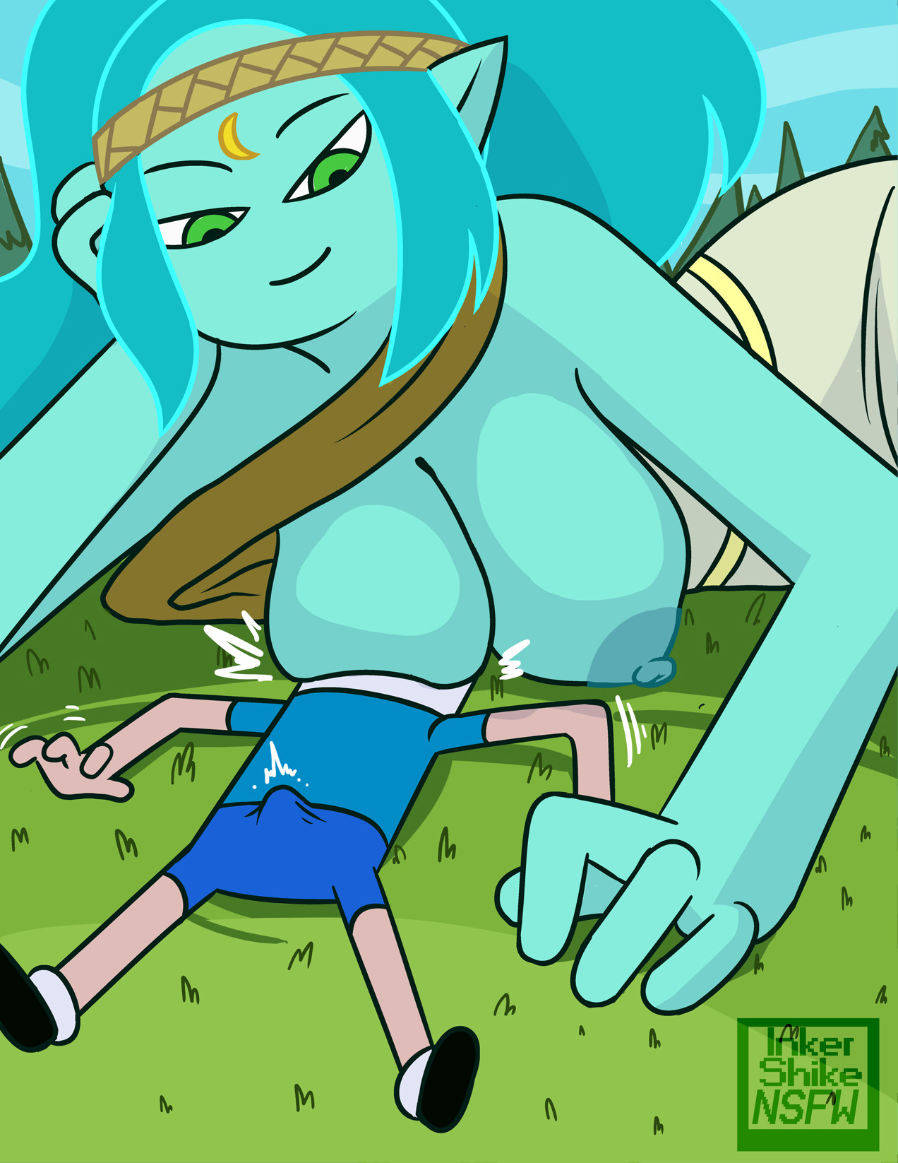 adventure time, areolae, artist name, big breasts, blue hair, blue skin, breast rest, breast smother, breasts, breasts on head, canyon (adventure time), cartoon network, cleavage, clothing, duo, erection, female, finn the human, giantess, green eyes, hair, inkershike, large breasts, larger female, long hair, lying, male, nipples, shirt, size difference, smaller male, smile, watermark, year request