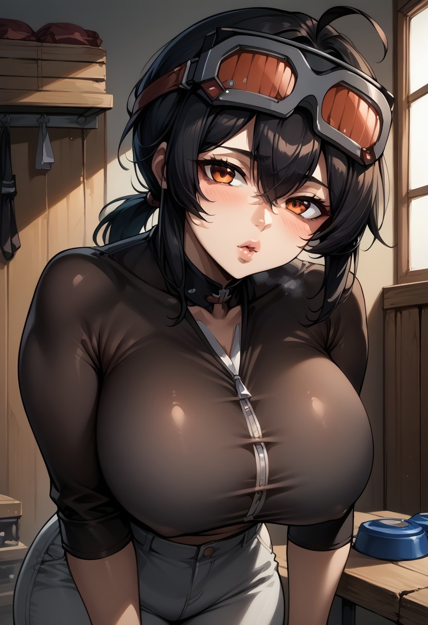 ai_generated bending_over black_hair black_shirt blush goggles_on_head grace_howard huge_breasts lightning486 long_sleeves looking_at_viewer orange_eyes puckered_lips