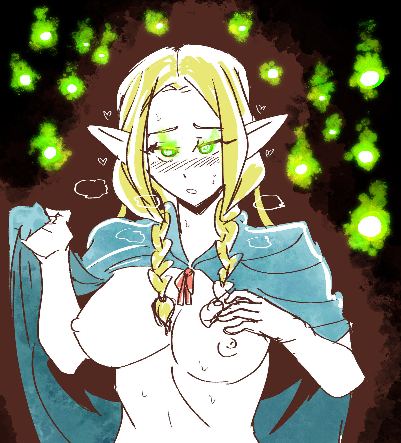 blank eyes, blonde hair, breasts, cape, cape only, dungeon meshi, elf, elf ears, elf girl, exposed breasts, female, green eyes, horny, hypnosis, majinsfw, marcille donato, sweat, wet