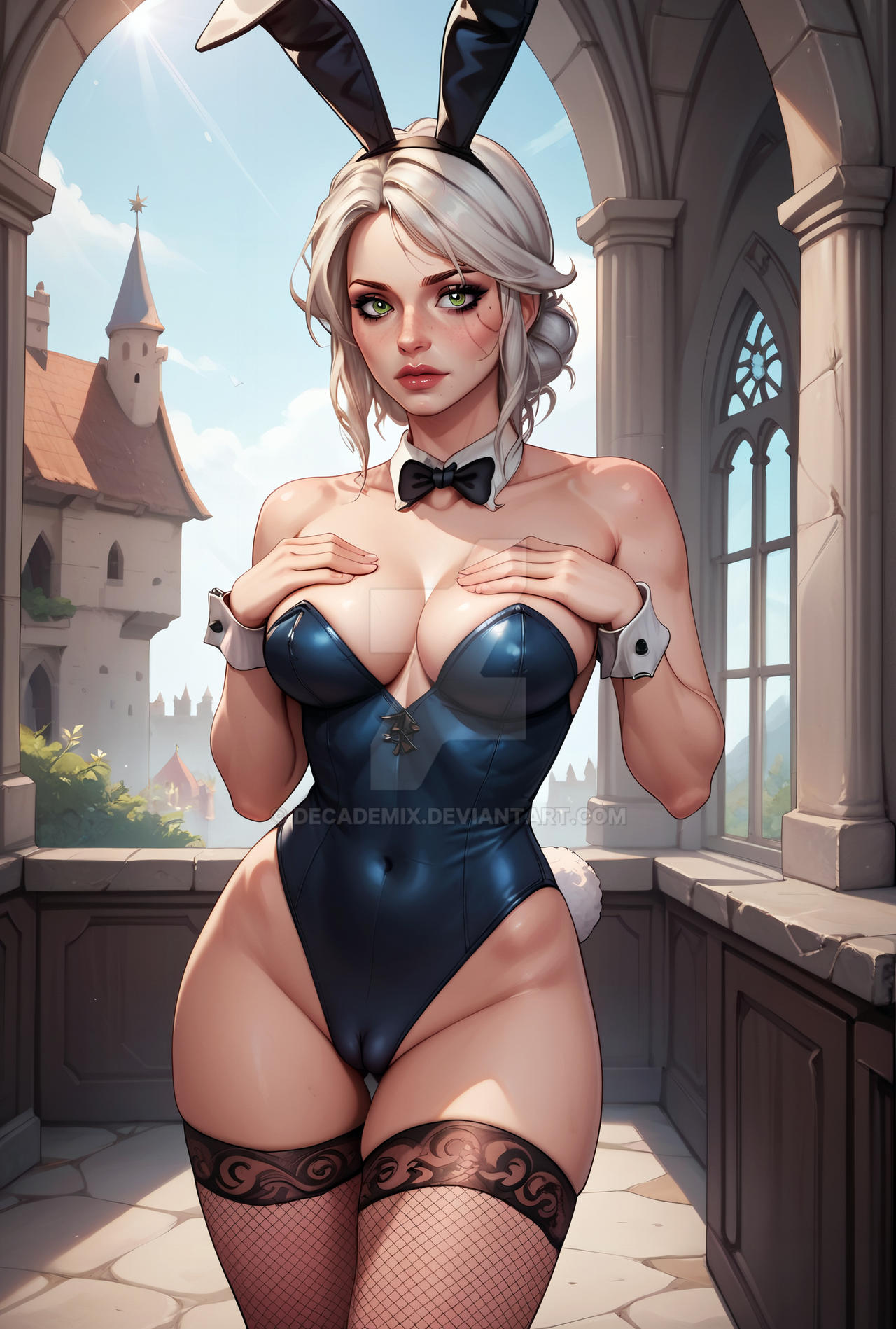 ai_generated bunnysuit cameltoe ciri clothing decademix female light-skinned_female looking_at_viewer scar solo stockings the_witcher_(series) the_witcher_3:_wild_hunt white_hair