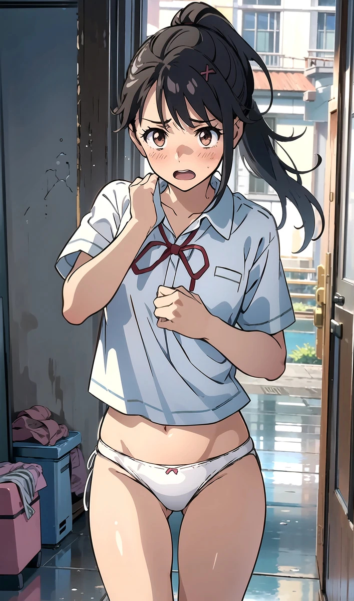 ai_generated bare_legs black_hair blush brown_eyes curvaceous curvy_female embarrassed light-skinned_female light_skin looking_at_viewer panties ponytail school_uniform schoolgirl small_breasts solo_female suzume_(suzume_no_tojimari) suzume_no_tojimari