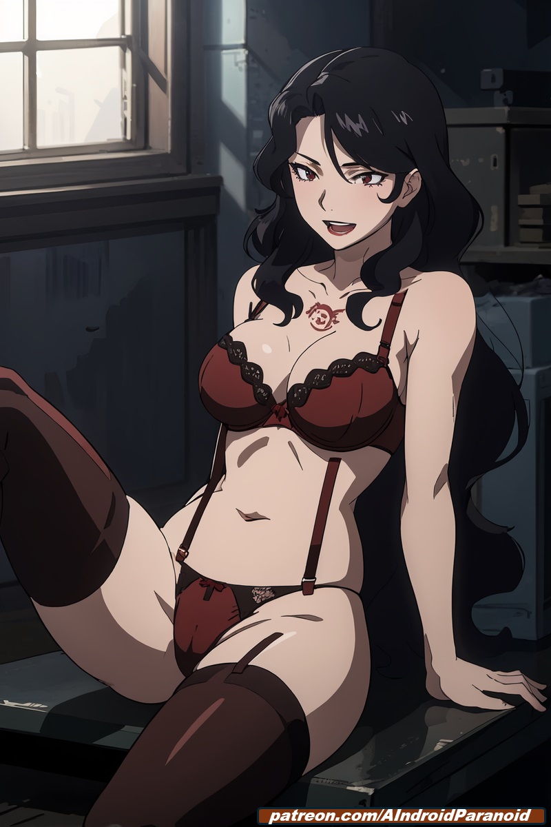 ai_generated aindroidparanoid ass big_ass black_hair bra breasts busty fullmetal_alchemist fullmetal_alchemist_brotherhood hips homunculus huge_ass huge_breasts indoors large_ass large_butt lingerie long_hair lust_(fullmetal_alchemist) narrow_waist nipples pale_skin panties parted_lips red_eyes stable_diffusion wavy_hair wide_hips