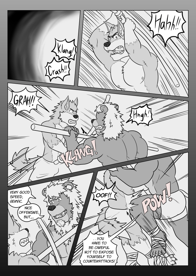 adalio_(vju79) angry anthro attack bottomwear canid canine canis captive_(vju79) captive_(vju79):_part_i clothed clothing comic dialogue dream duo english_text facial_hair feet felid fight flashback foot_wraps furry gervic_(vju79) groan holding_object knee_strike line_art lion male male_only mammal monochrome motion_lines muscular muscular_anthro muscular_male onomatopoeia page_37 pain pantherine shorts smile sound_effects stick text topless training vju79 wolf wood wraps