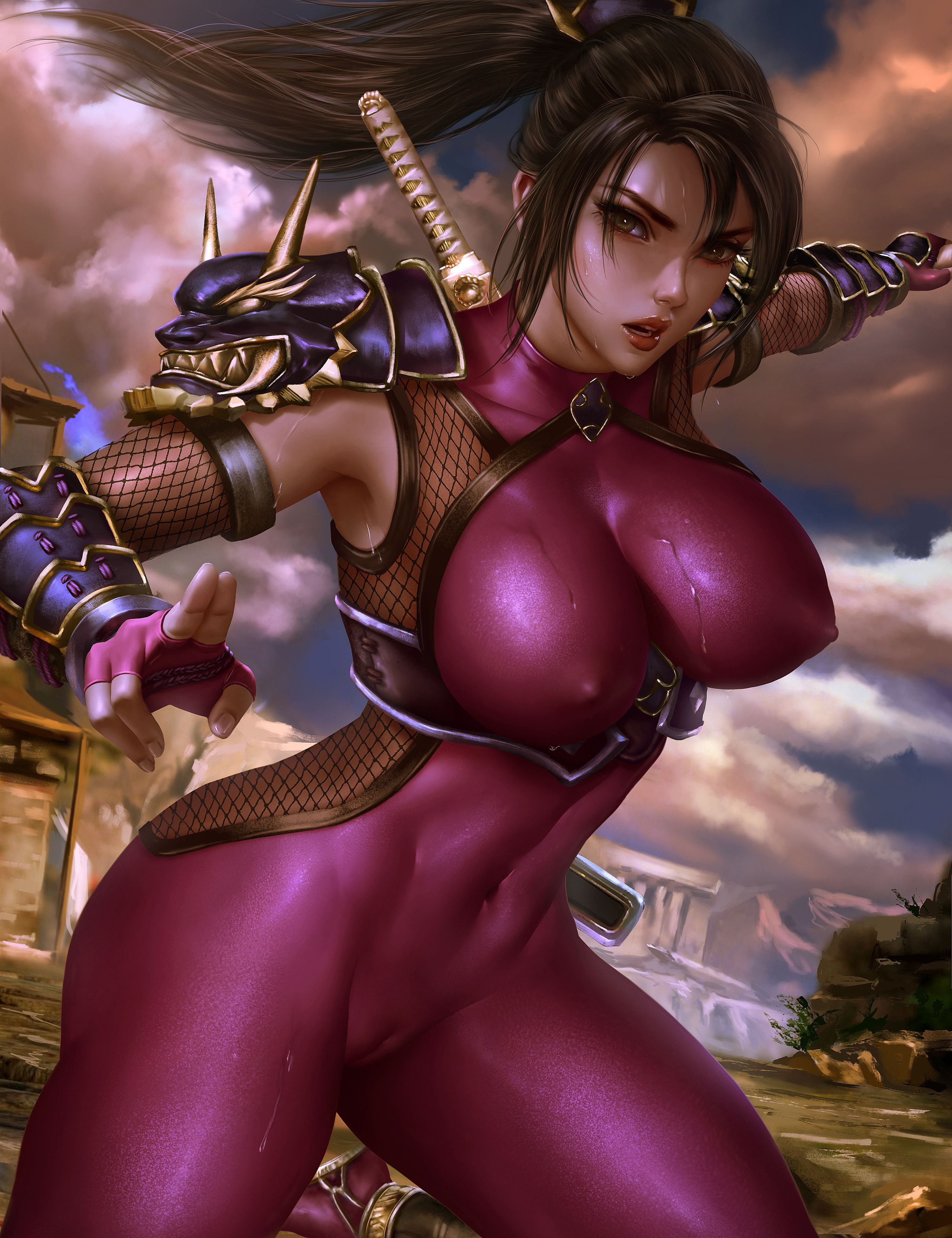 1girls, abs, absurd res, armor, big breasts, bodysuit, breasts, brown eyes, brown hair, cameltoe, cleavage, erect nipples under clothes, female, female only, fishnets, large breasts, logan cure, looking at viewer, nipples, nipples visible through clothing, pauldrons, ponytail, pussy, solo, soul calibur, sweat, taki (soulcalibur), thunder thighs, tight clothing, weapon