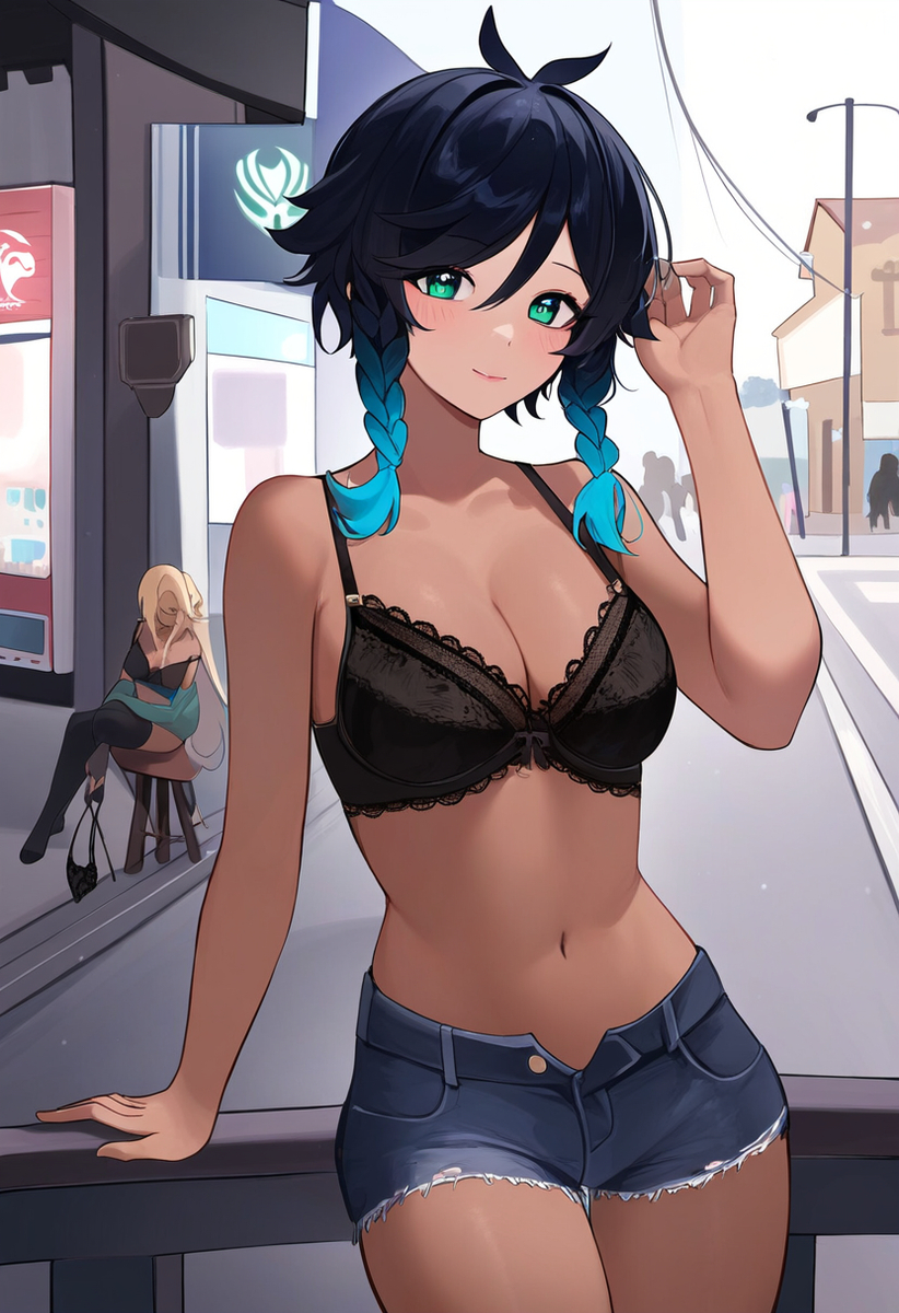 1girls, ai generated, big thighs, bra, dark skin, dark-skinned female, female, female venti, genderswap, genderswap (mtf), genshin impact, historia, navel, rule 63, thick thighs, thighs, venti (genshin impact), voluptuous