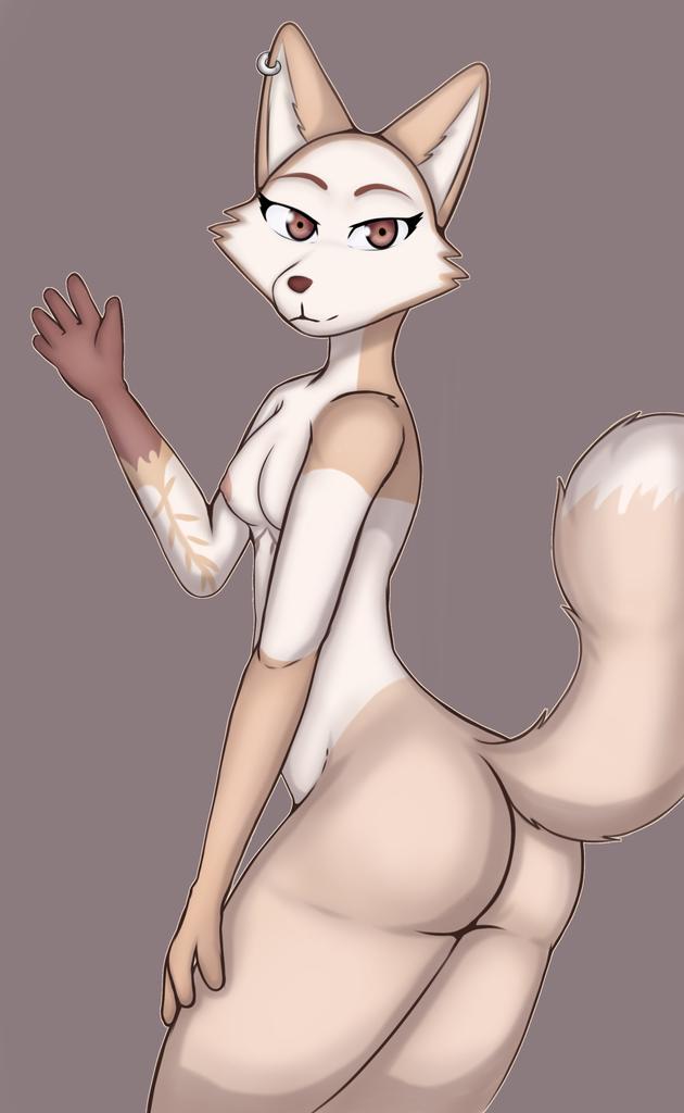 anthro ass ass_showing breasts brown_eyes canid canine ear_piercing ear_ring fany_(foxdee) female fennec_fox fox fox_tail greeting looking_at_viewer mammal medium_breasts piercing presenting presenting_hindquarters rear_view ring_piercing side_view skade_(artist) solo thick_thighs true_fox wide_hips