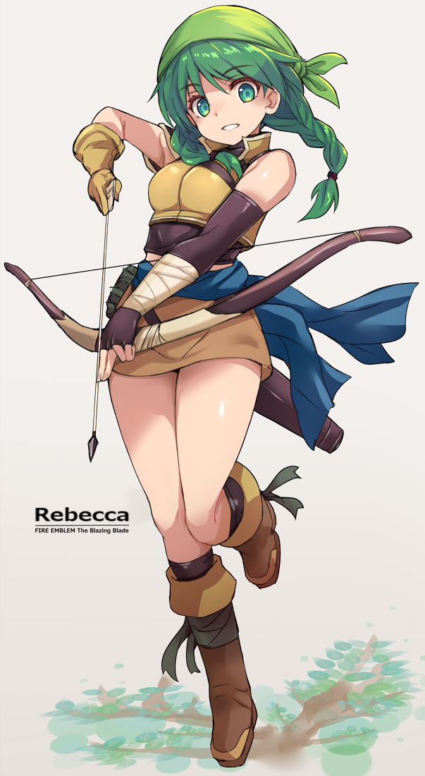 1girls archery_shooting_glove armpits arrow_(projectile) asymmetrical_gloves bandana bare_arms bare_legs bare_midriff bare_shoulders bare_thighs black_gloves black_socks boots bow_(weapon) braid breasts broken_weapon brown_footwear character_name copyright_name elbow_gloves female female_only fingerless_gloves fire_emblem fire_emblem:_the_blazing_blade full_body gloves green_eyes green_hair grey_background grin holding holding_arrow holding_bow_(weapon) holding_weapon karukan_(monjya) knee_boots kneehighs leaf leg_up legs long_hair looking_at_viewer low_twintails medium_breasts midriff mismatched_gloves nintendo partially_fingerless_gloves quiver rebecca_(fire_emblem) short_hair simple_background skirt smile socks solo standing standing_on_one_leg thighs tree twin_braids twintails weapon white_background