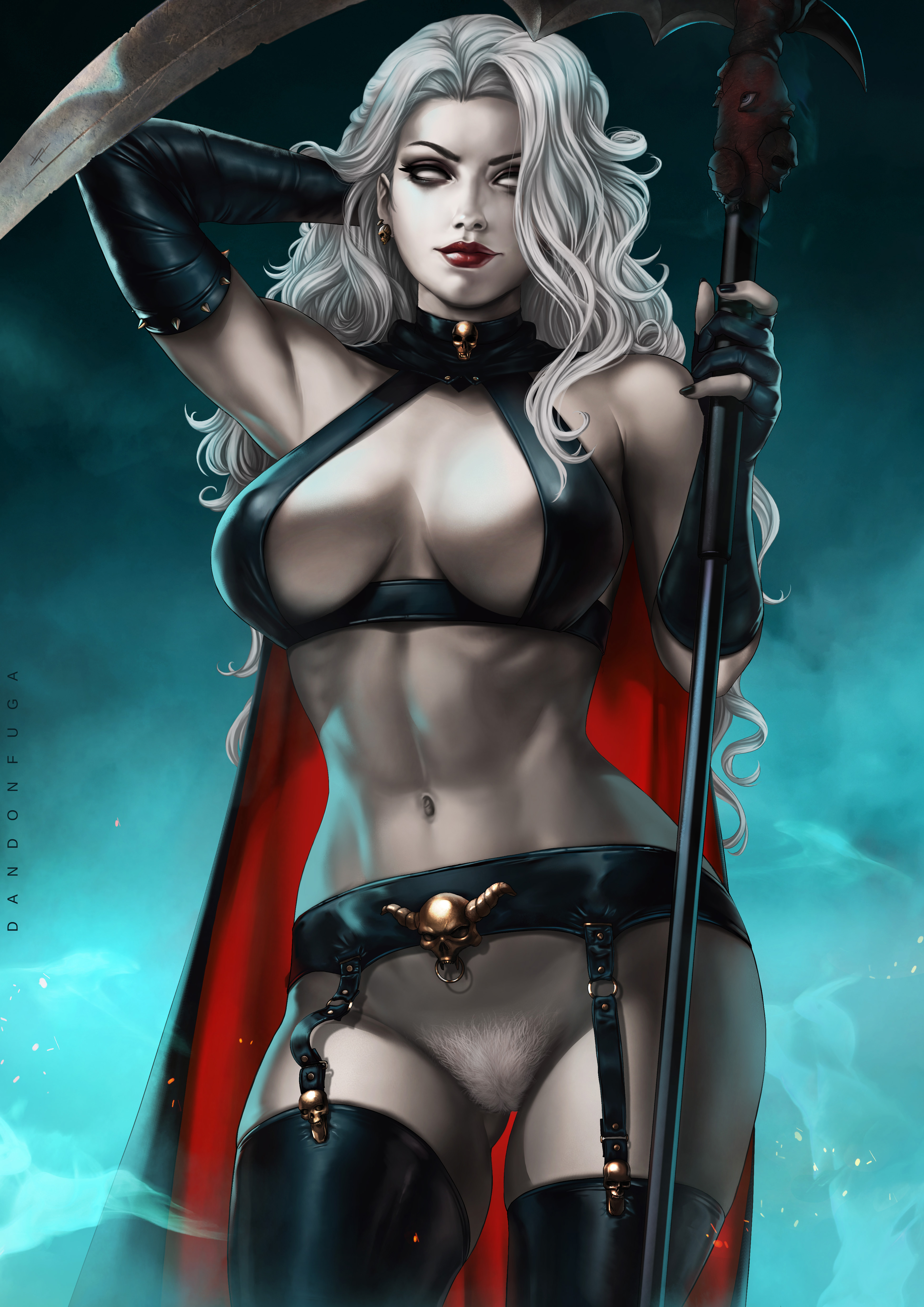 arm behind head, big breasts, blank eyes, breasts, chaos comics, cleavage, dandon fuga, female, female only, garter belt, grey skin, lady death, large breasts, pubic hair, solo, thighhighs, white hair