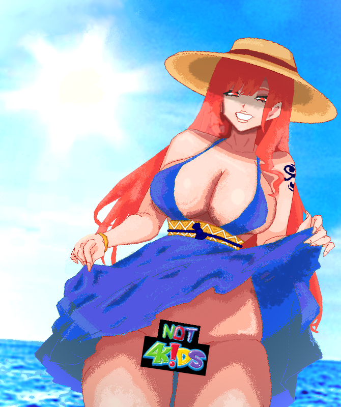 big_breasts big_butt bikini blue_dress censor_bar censored censored_pussy edit eye_liner female female_only friccxl highres long_hair nami nami_(one_piece) no_bra no_panties one_piece pixel_art post-timeskip red_eyes red_hair sundress wide_hips