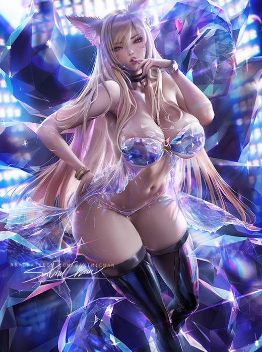 1girls, ahri, alternate costume, babydoll, big breasts, blonde hair, breasts, cleavage, cute, female, female only, fox ears, fox girl, half-dressed, k/da ahri, k/da series, league of legends, lingerie, lipstick, panties, sakimichan, side-tie panties, thick thighs, underwear