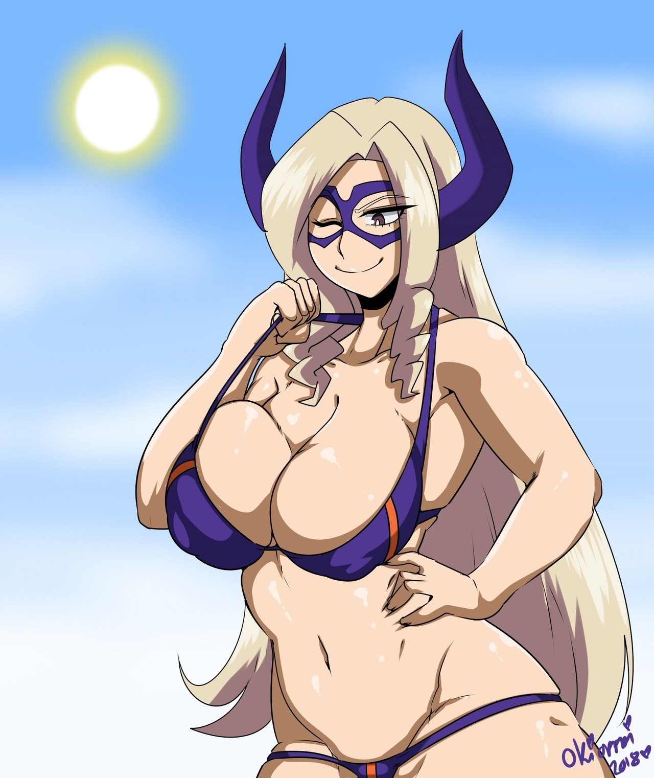 ass, big breasts, bikini, bikini bottom, bikini top, breasts, female, female only, giantess, horns, huge breasts, mount lady, my hero academia, okioppai, yuu takeyama
