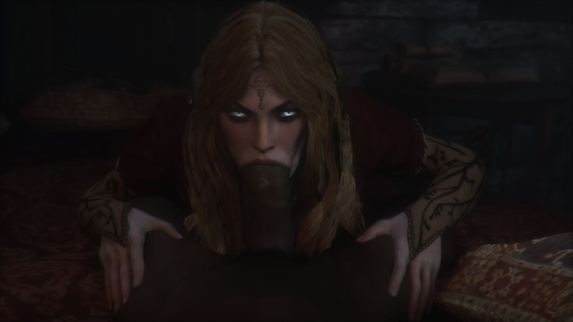 1boy, 1girls, 3d, blonde hair, cd projekt red, dark image, dark skin, dark-skinned male, elf, faceless male, fellatio, female, francesca findabair, interracial, leeterr, looking at viewer, male, oral, penis, pov, the witcher, the witcher (series)