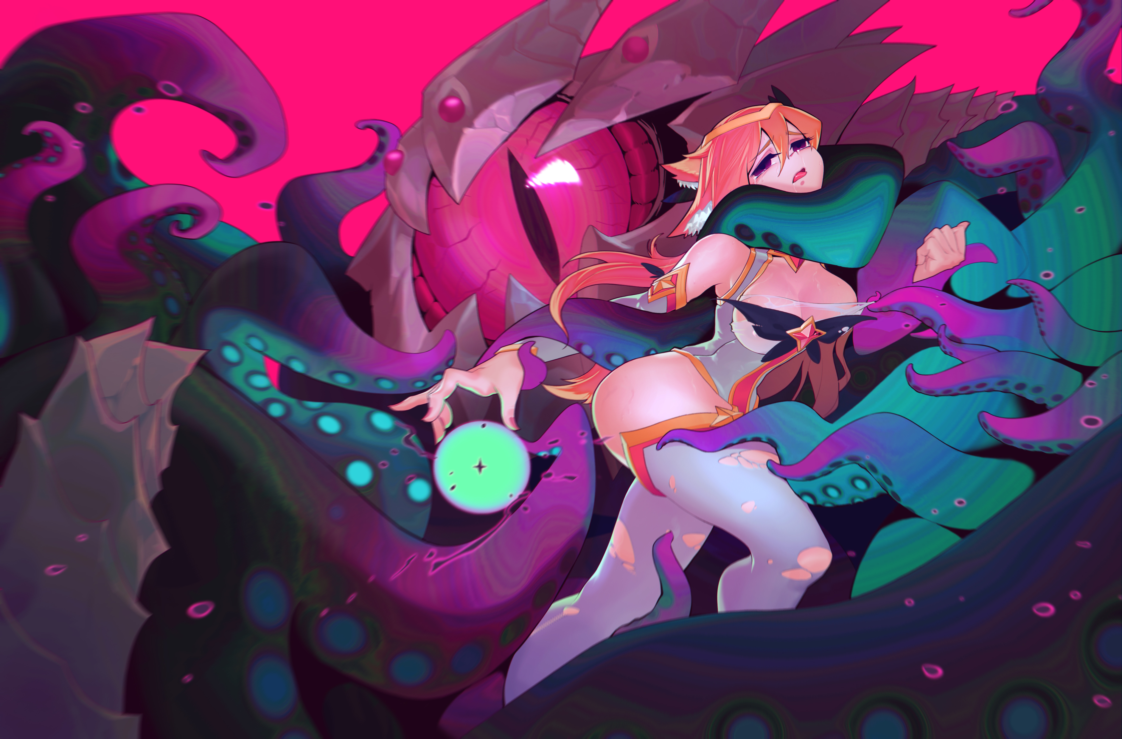 ahri, clothing, female, kanchou dairi, league of legends, rape, riot games, star guardian, star guardian ahri, star guardian series, tentacle, tentacle rape, thighhighs, torn clothes, torn legwear, vel'koz, white legwear