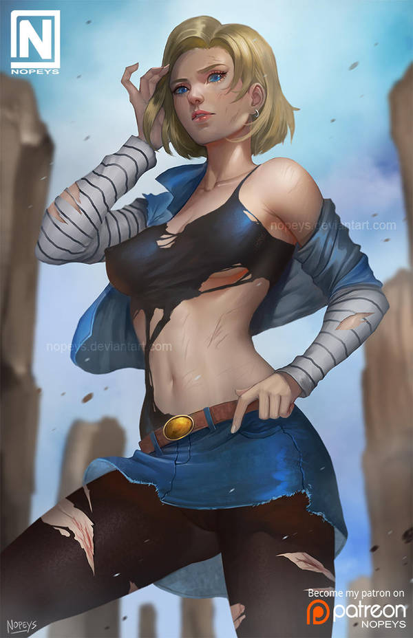 1girls android_18 beltskirt black_shirt blonde_hair blue_eyes collarbone deviantart_username dragon_ball dragon_ball_z female female_only hand_on_hair jean_jacket jean_skirt leaning looking_at_viewer medium_breasts nopeys pantyhose ripped_shirt short_hair skirt solo standing underboob