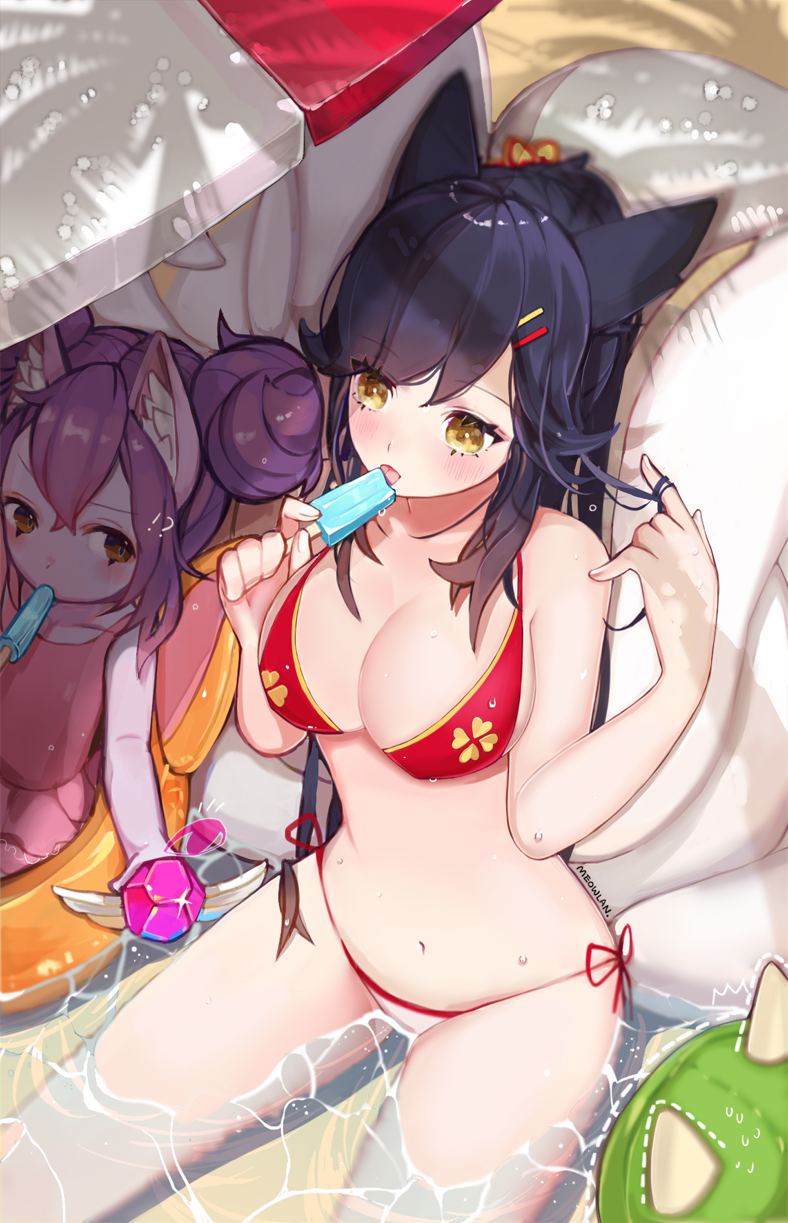 !?, 2girls, ahri, bikini, blush, breasts, cleavage, female, female only, league of legends, lulu the fae sorceress, pool party, pool party lulu, pool party series, popsicle, riot games, swimsuit, teemo, tongue, tongue out, vastaya, vision ward, yordle
