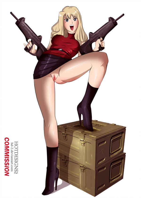 belt black_high_heels black_skirt blonde_hair box boxes dual_wield dual_wielding grey_eyes gun hd-2 hotdesigns2 leg_on_box machine_gun noir_mireille_bouquet_ii open_mouth panties_removed pussy red_lips red_shirt skirt upskirt vagina white_background