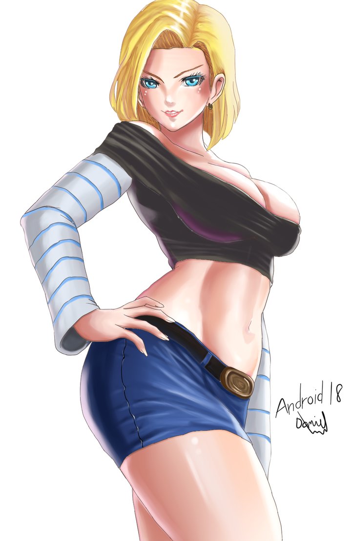 android_18 big_breasts blonde_hair blue_eyes cleavage curvy dragon_ball dragon_ball_z onewasho short_hair thick_lips valenciadaniel95 voluptuous wide_hips