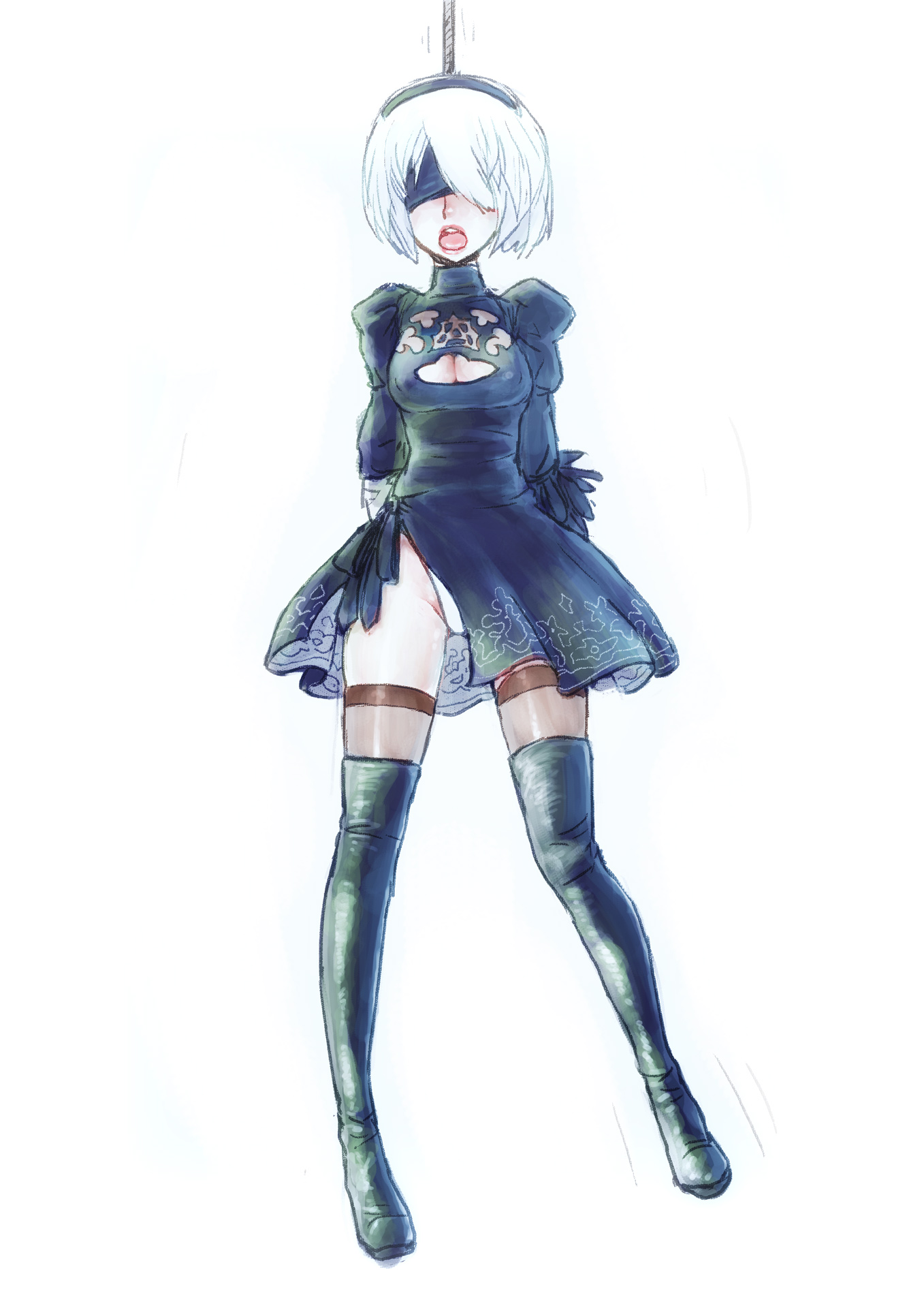 1girls, android, arms behind back, asphyxiation, black clothes, boots, breasts, cleavage, cyp tw, death, dress, female, female death, hanged, leotard, nier, nier: automata, noose, open mouth, peril, rope, snuff, thighs, tongue, white hair, yorha 2b