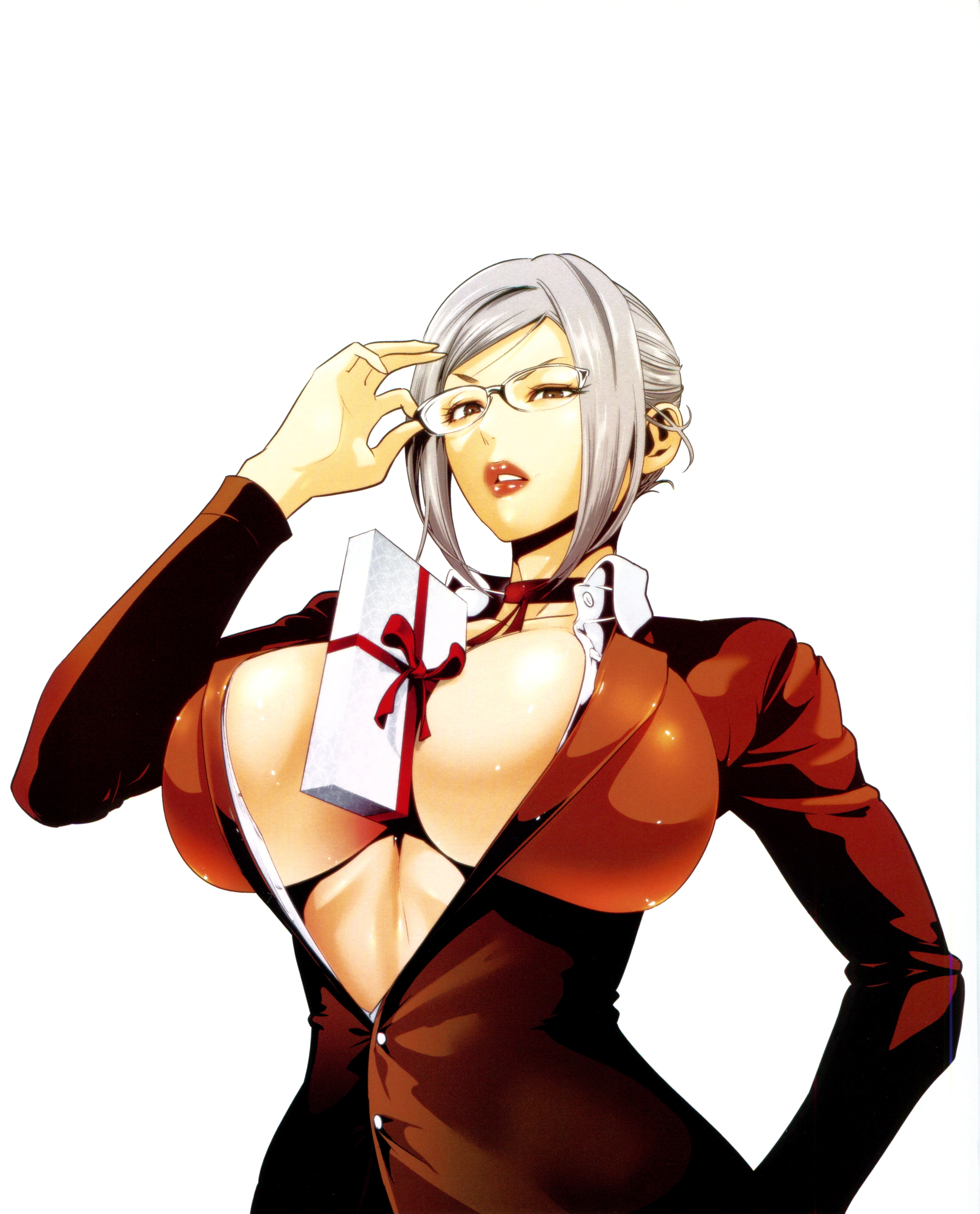 1girls, adjusting glasses, breasts, brown jacket, choker, color, covered nipples, favorite, female, female only, glasses, hand on hip, hiramoto akira, large breasts, looking at viewer, looking down, looking down at viewer, object between breasts, present, prison school, red lipstick, shiraki meiko, solo, tagme, white background, white hair, white shirt