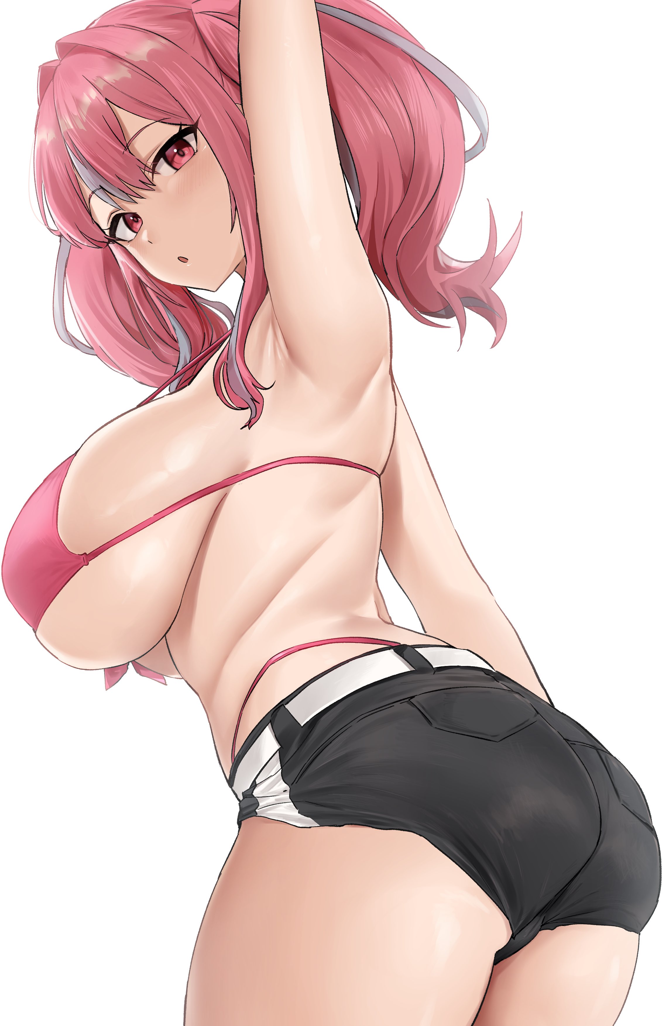 :o, 1girls, 2022, arm up, armpits, ass, azur lane, bikini top, booty shorts, breasts, bremerton (azur lane), female, female only, hi res, hotate-chan, huge breasts, large ass, light blush, looking at viewer, medium hair, pink bikini top, pink eyes, pink hair, short shorts, shorts, sideboob, simple background, thick thighs, thighs