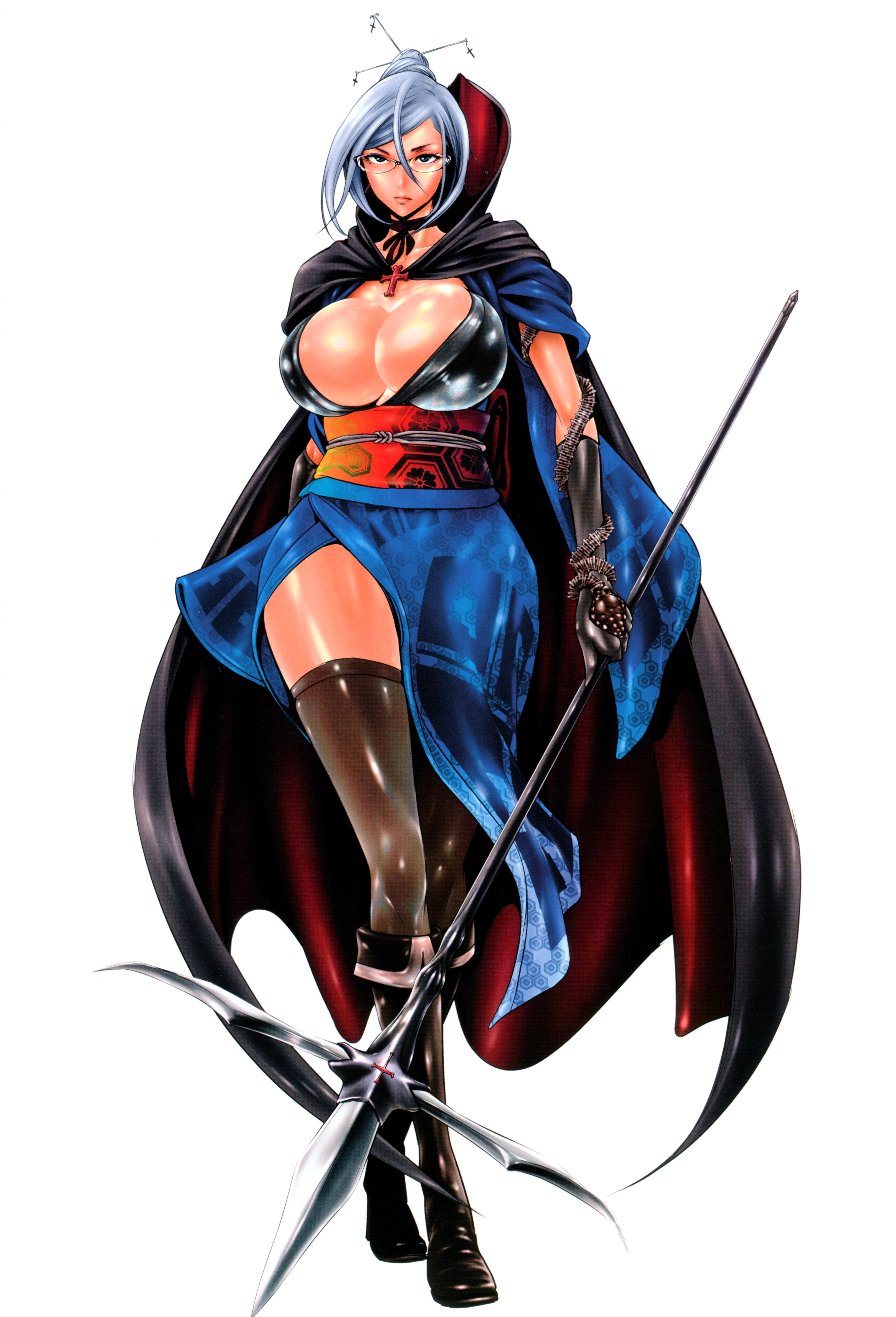 blue eyes, breasts, cape, cosplay, cross, female, glasses, grey hair, hiramoto akira, huge breasts, lipstick, prison school, shiraki meiko, spear