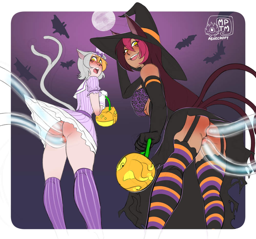 2girls, anal, ass, blue tentacles, blush, breasts, candy, clothing, consensual tentacles, cosplay, costume, double penetration, elbow gloves, female, halloween, halloween costume, multiple females, multiple girls, my pet tentacle monster, no panties, no panties under skirt, open mouth, penetration, pussy, sex, short hair, skirt, skirt lift, spread legs, striped legwear, striped thighhighs, tentacle, tentacle sex, tentacles in ass, tentacles in pussy, thighhighs, translucent tentacles, underboob, vaginal penetration, witch