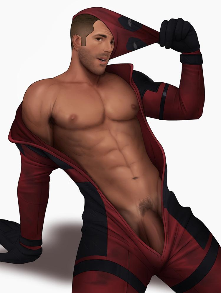 1boy, 2017, 20th century fox, 20th century studios, abs, actor, balls, bara, beard stubble, bodysuit, celebrity, deadpool, deadpool (film), drawnpr0n, facial hair, gloves, half-erect, human, human only, in character, light skin, light-skinned male, male, male nipples, male only, male pubic hair, marvel, marvel comics, mask on head, muscular, muscular male, nipples, open shirt, partially clothed, pecs, penis, pinup, pubic hair, ryan reynolds, six pack, smooth skin, smooth skinned male, solo, solo male, testicles, unzipped, unzipped bodysuit, veiny penis, wade wilson, yaoi