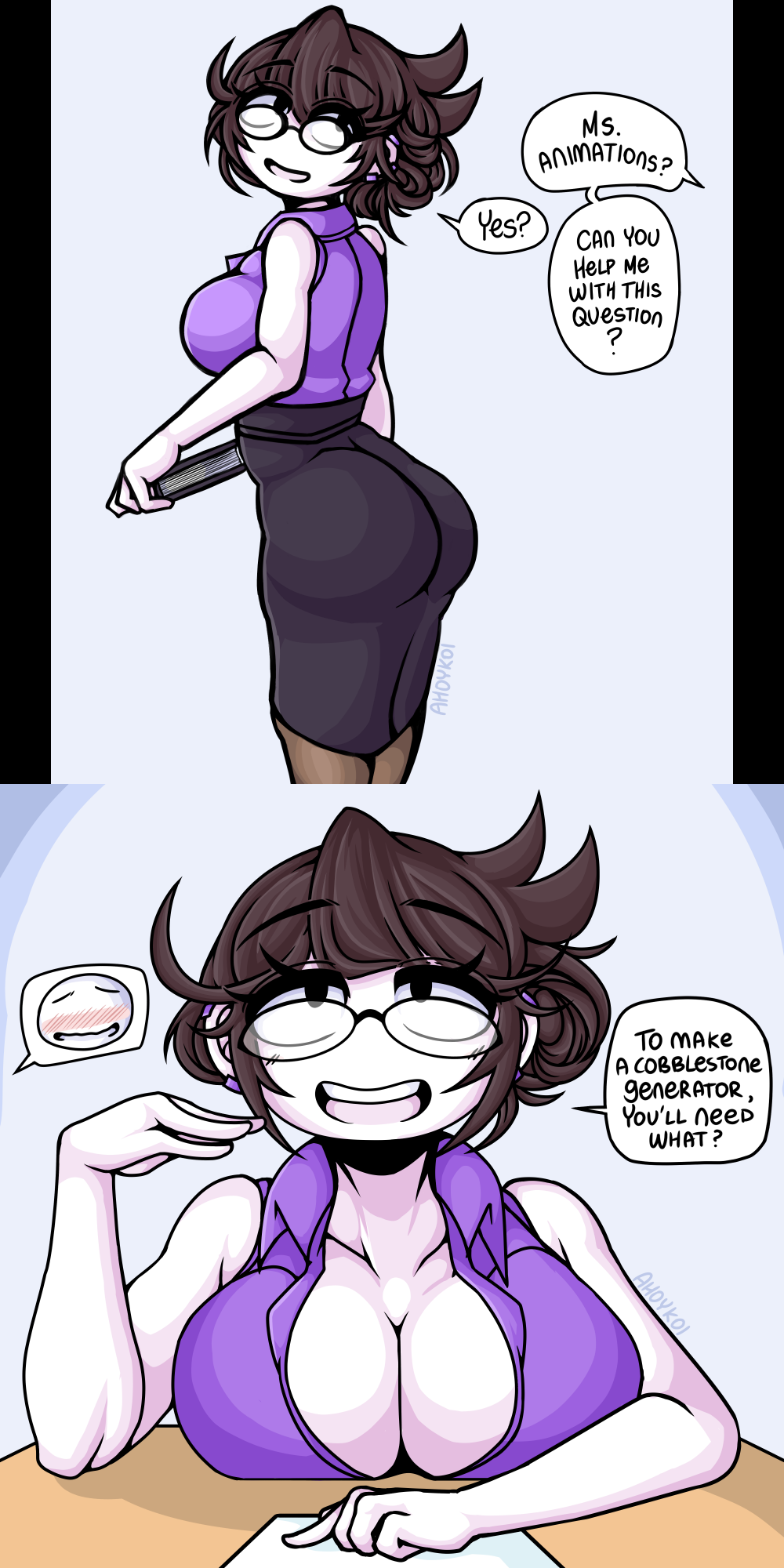 1girls ahoykoi before_sex big_ass big_breasts breasts brown_hair cleavage clothed clothing collared_shirt dialogue female female_focus fully_clothed glasses human jaiden jaiden_animations koianimations looking_at_viewer purple_shirt solo solo_female solo_focus teacher teacher_and_student teacher_jaiden text unseen_character youtube youtuber youtuber_girl