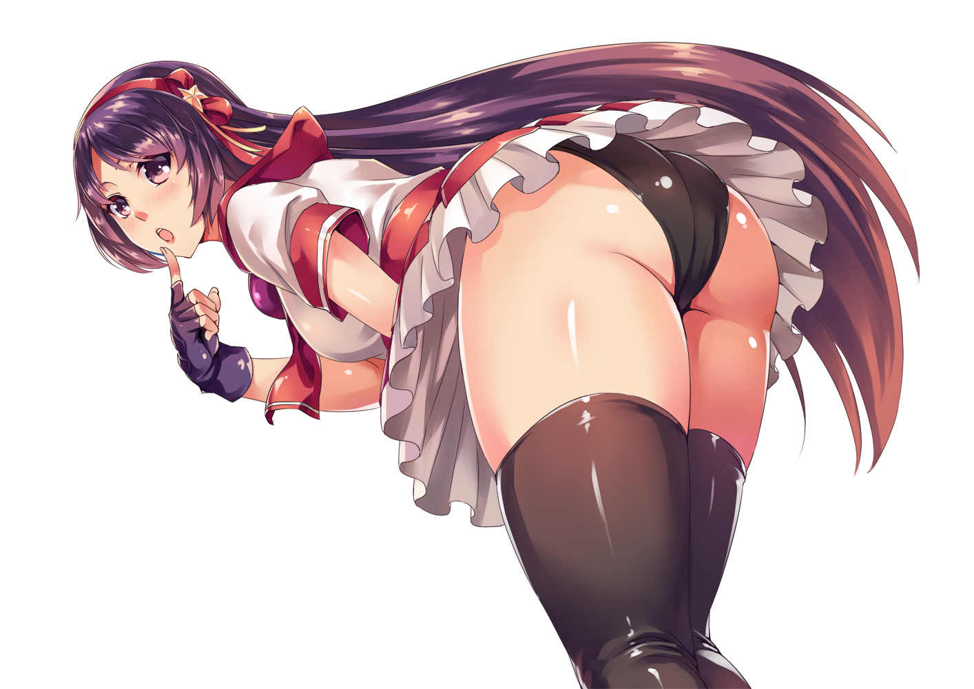 1girls, ass, athena asamiya, back view, big ass, clothed, female, female only, king of fighters, long hair, looking at viewer, looking back, open mouth, panties, purple hair, shinkaui, shiny skin, solo, thighhighs, upskirt, white background