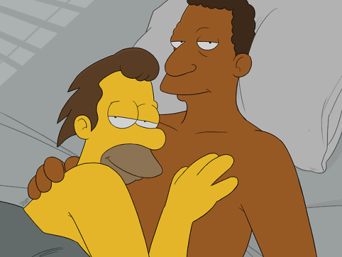 2boys bedroom_eyes carl_carlson cuddling gay human idrewthis in_bed interracial lenny_leonard looking_at_viewer male male_only pluvatti the_simpsons yaoi