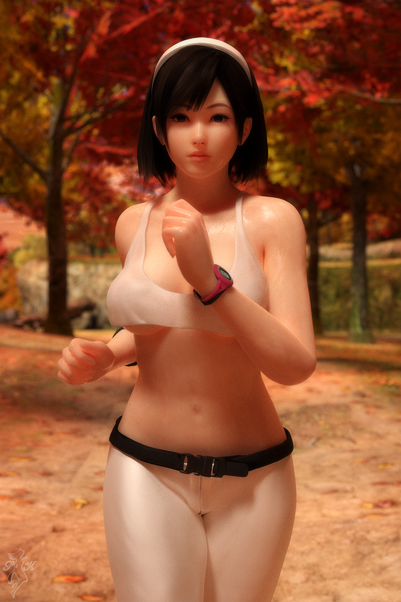 1girls 3d black_eyes black_hair blender breasts cleavage curvy dead_or_alive female female_only forest headband jogging kokoro_(doa) large_breasts leggings realistic running snow_kitsune solo sweat tecmo tubetop underboob watch xnalara