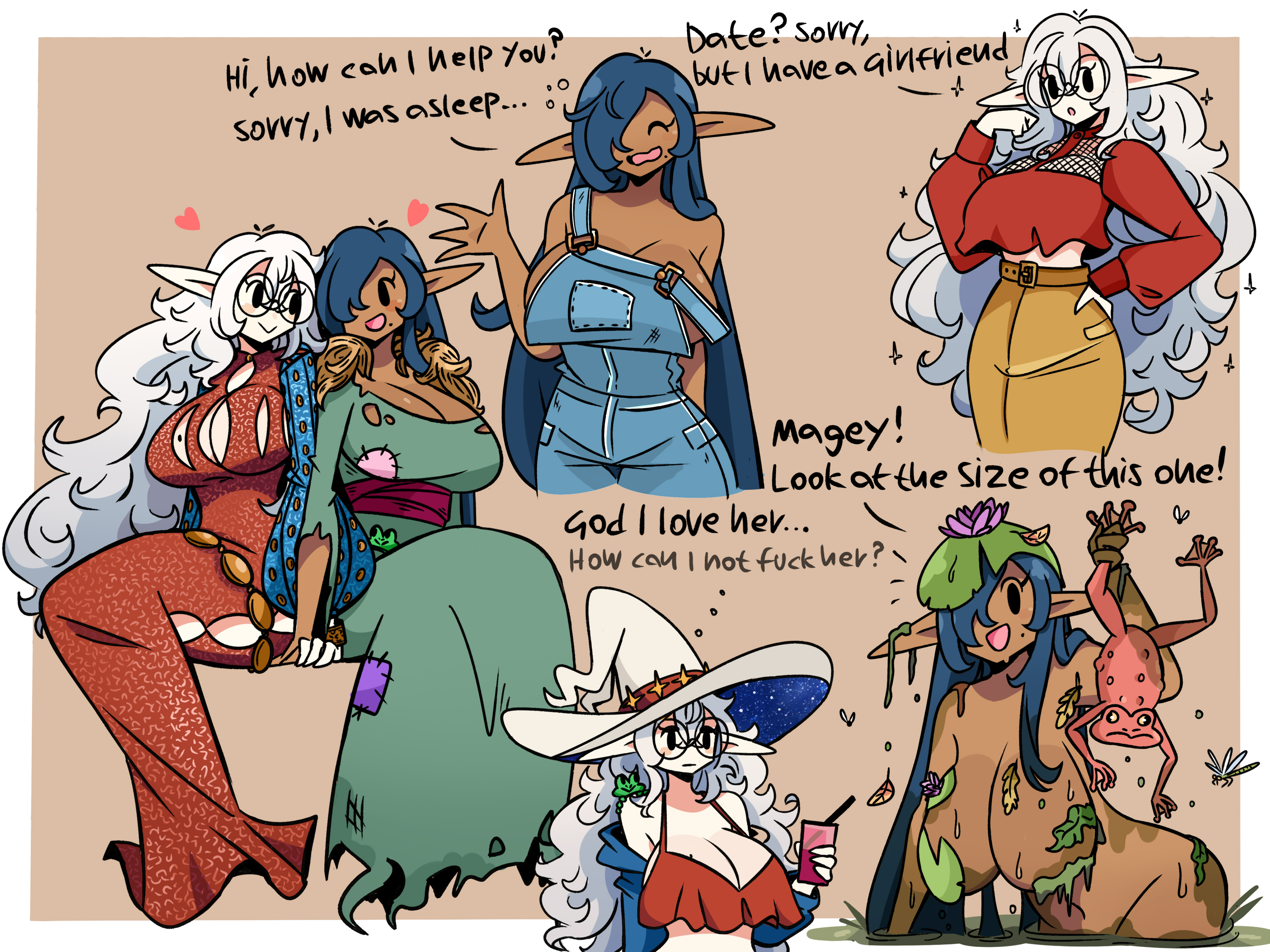 2girls, archmage (murgoten), big breasts, bog witch (murgoten), breasts, dragonfly, drink, female, female only, frog, frogs, glasses, groggy, heart, hearts, hearts around head, huge breasts, leaves, lesbian, lesbian couple, lesbians, lily pad, mage, mud, muddy, murgoten, naked, no bra, nude, oc, open mouth, original, original character, overalls, pointy ears, round glasses, simple background, simple eyes, simple face, sitting, sitting together, tan background, tattered clothing, text, white border, white hair, wholesome, witch, witch hat, yuri