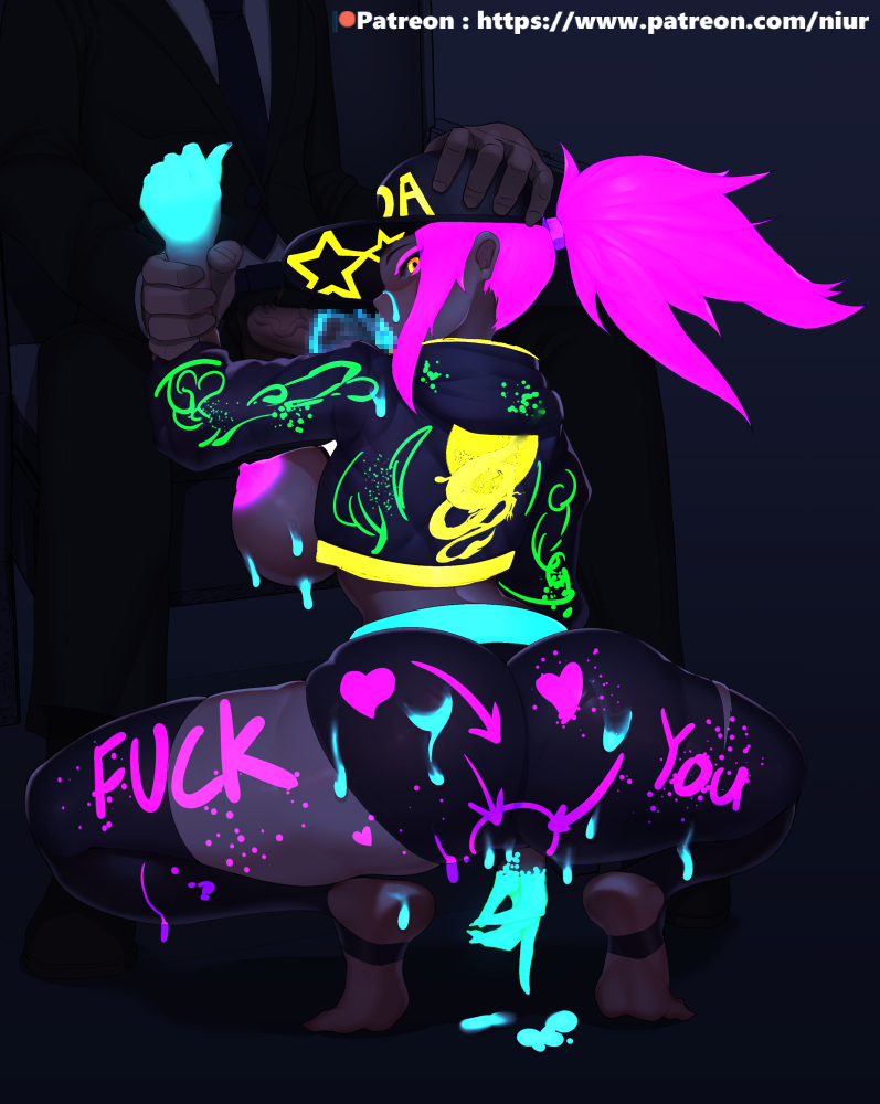 akali, alternate costume, areolae, ass, big breasts, blush, breasts, censored, cum, cum drip, cum on ass, cum on breasts, erection, fellatio, female, k/da akali, k/da series, large breasts, league of legends, male, nipples, niur, oral, penis, straight
