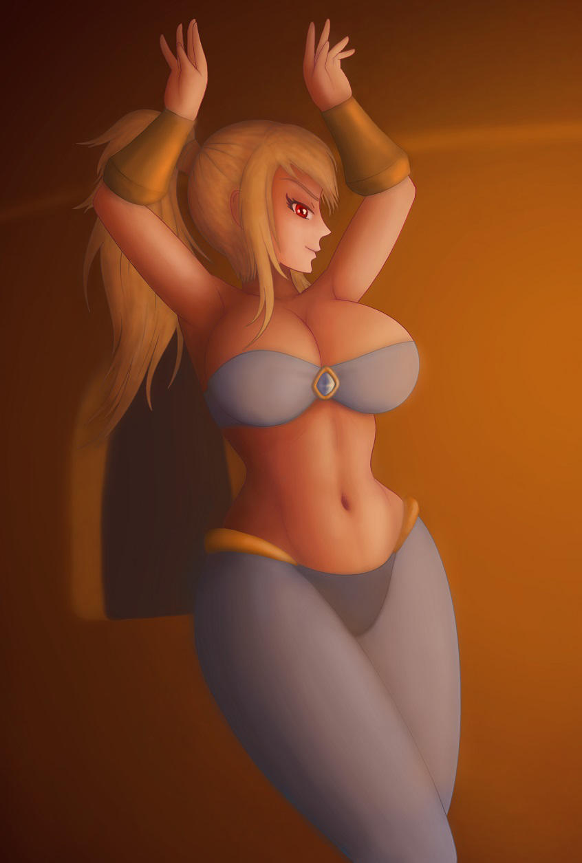 1girls arabian belly belly_dancer big_breasts blonde_hair bracelets female female_only fully_clothed harem_outfit harem_pants huge_ass huge_breasts looking_at_viewer metroid navel nintendo ponytail possession red_eyes saf-404 safartwoks safartworks samus_aran shantae shantae_(character) sidelocks smooth_skin solo super_smash_bros. thick_thighs thin_waist wide_hips